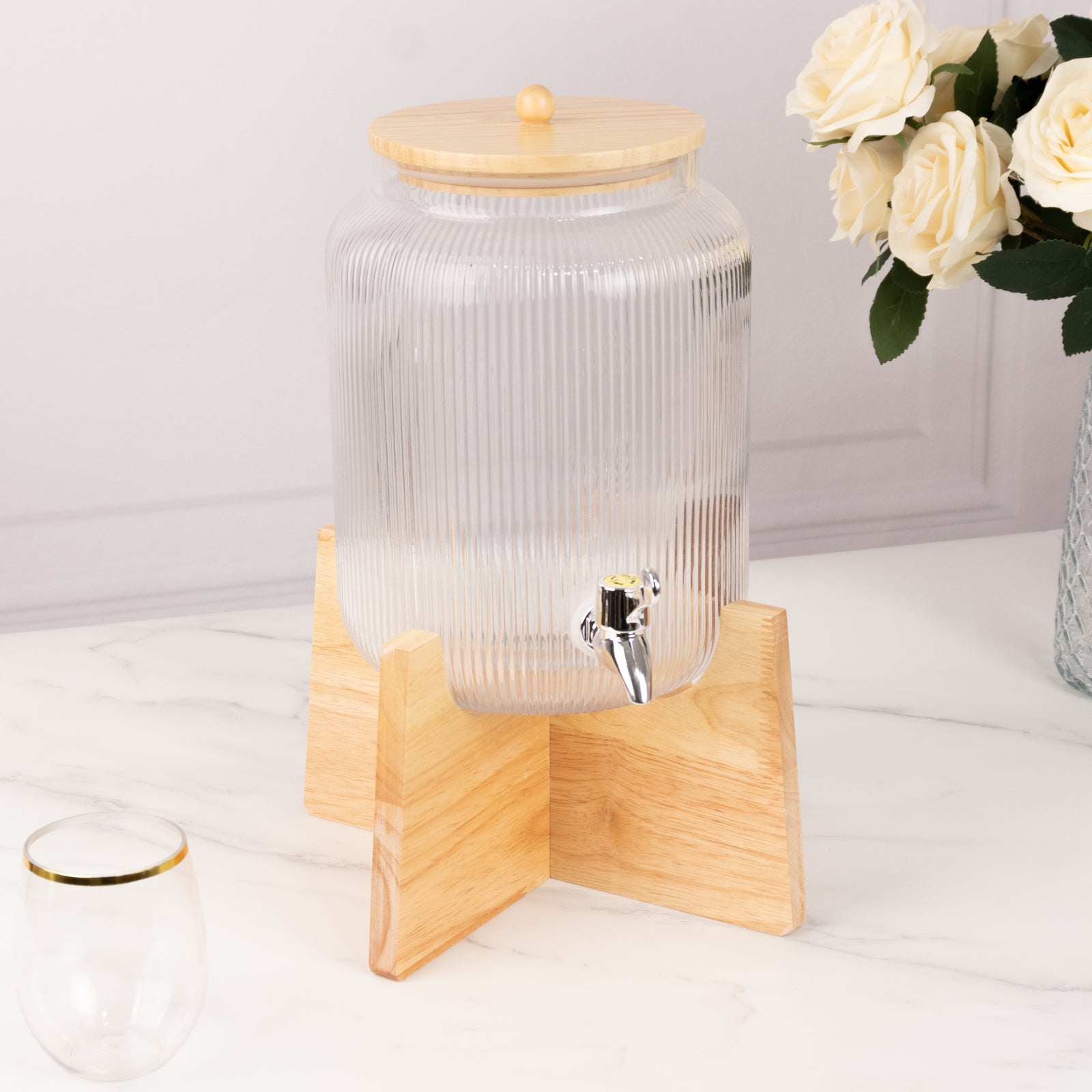 1 Gallon Clear Ribbed Glass Beverage Dispenser, Round Juice Jar with Wooden Stand and Lid - Lead - Free Countertop Feature 14" - Bell Racket Store