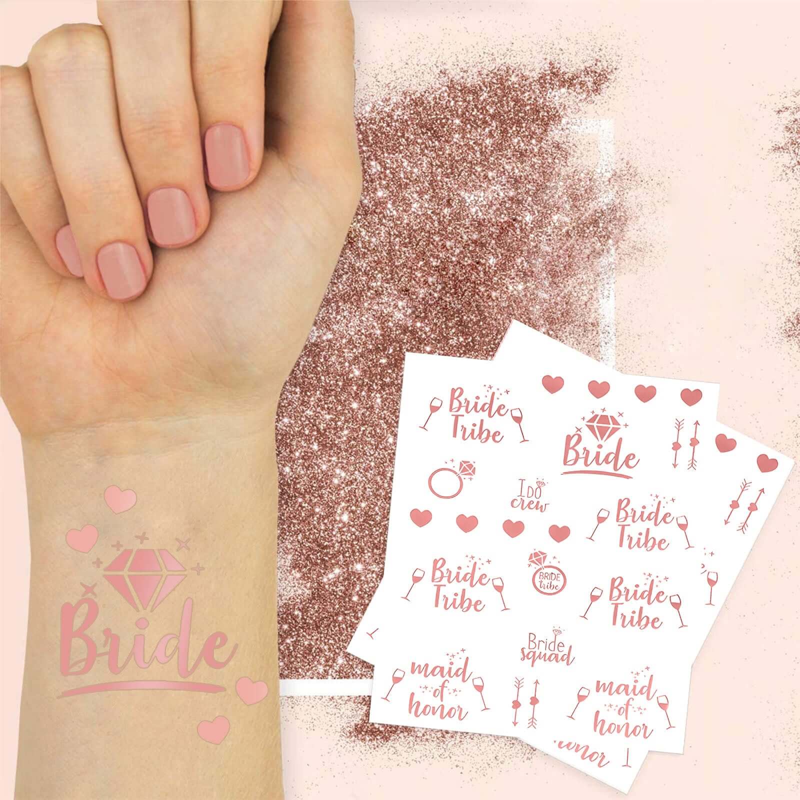 1 Set Rose Gold Bachelorette Party Bride Decor Accessories Kit, White Bridal Veil, Tiara Crown, Glittered Bride To Be Sash, & Stickers - Bell Racket Store