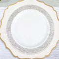 10-Pack Plastic Dinner Plates White with Fancy Silver Lace Rim - Stylish Disposable Plates for Events 10"