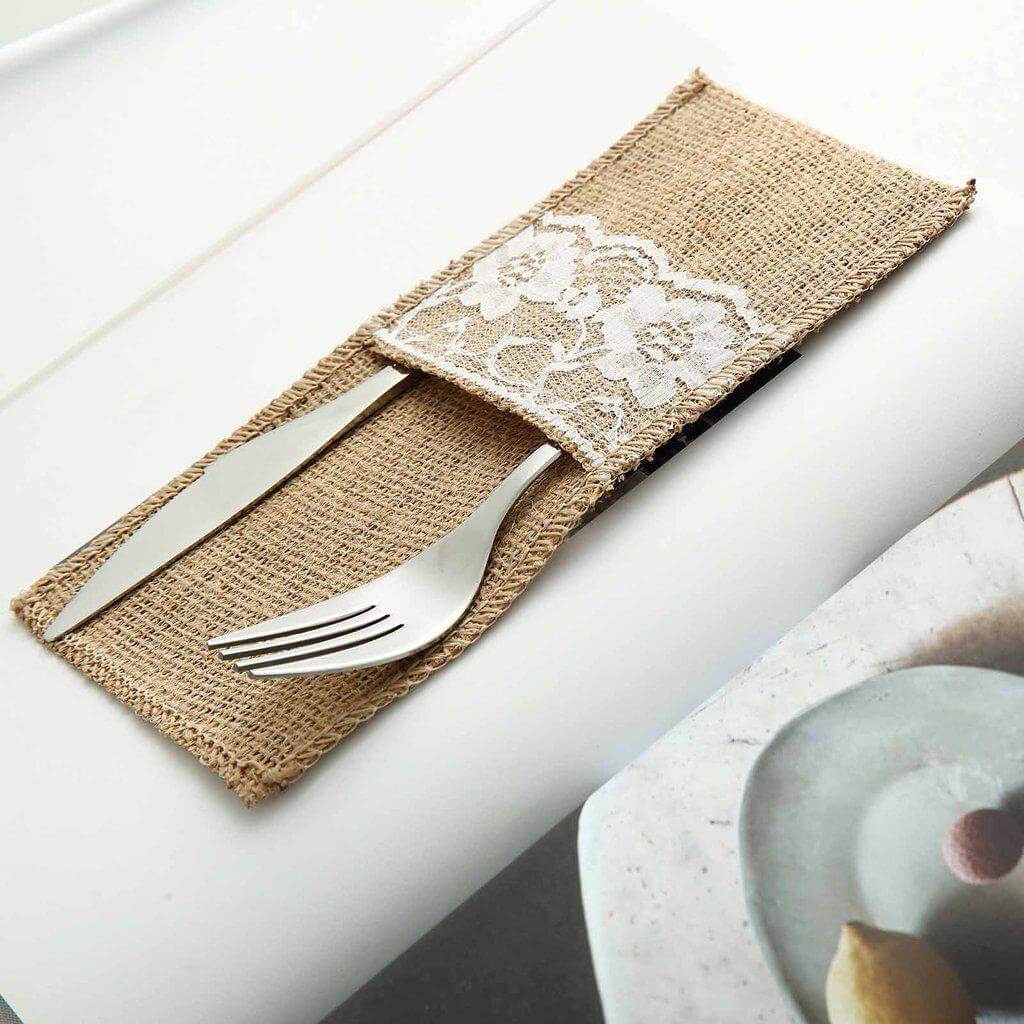 10 Pack 4"x8" Natural Burlap Lace Single Set Silverware Holder Pouch - Bell Racket Store