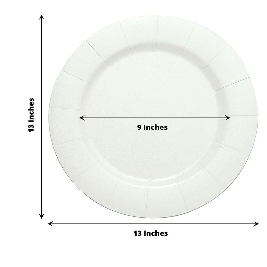 10 - Pack Disposable Round Charger Plates in White with Leathery Texture - Durable 1100GSM Cardboard Placemats for Dinner Parties & Banquets 13" - Bell Racket Store