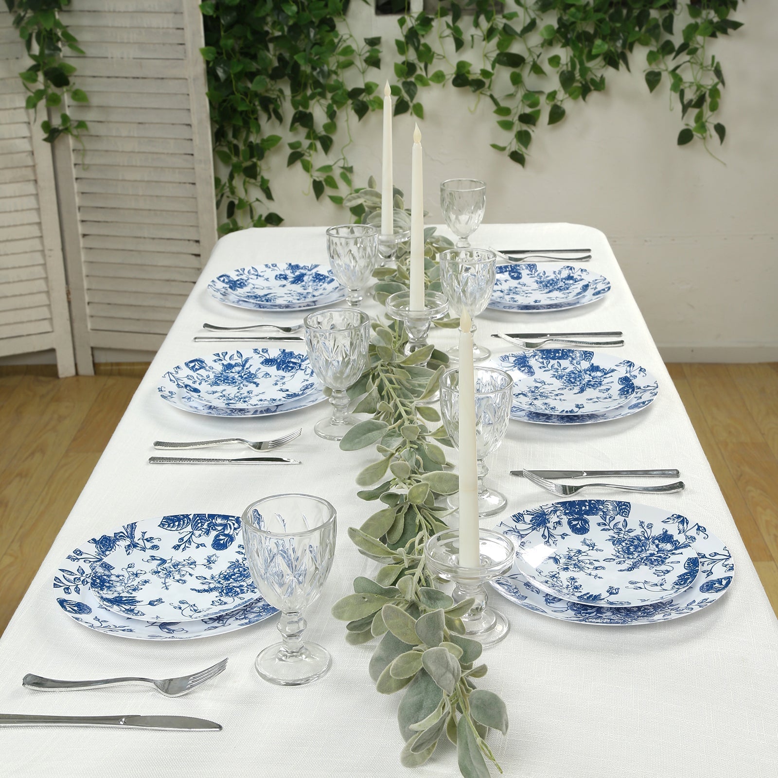 10 - Pack French Toile Plastic Party Plates â€“ Blue & White Floral, 10" Round Disposable Dinner Plates - Bell Racket Store