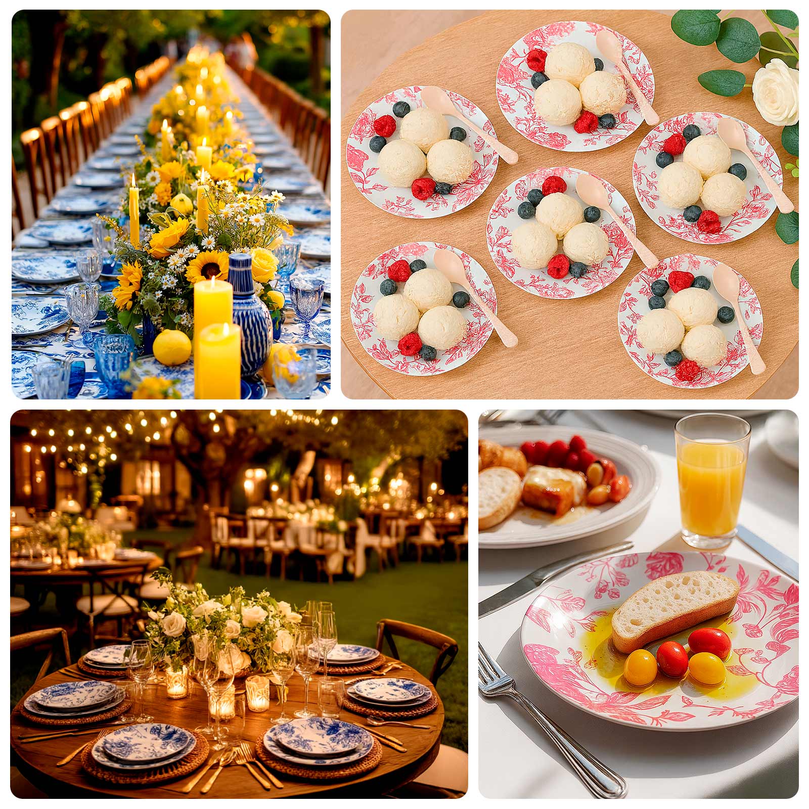 10 - Pack French Toile Plastic Salad Plates â€“ Blue & White Floral, 7" Round Disposable Dessert Plates - Bell Racket Store