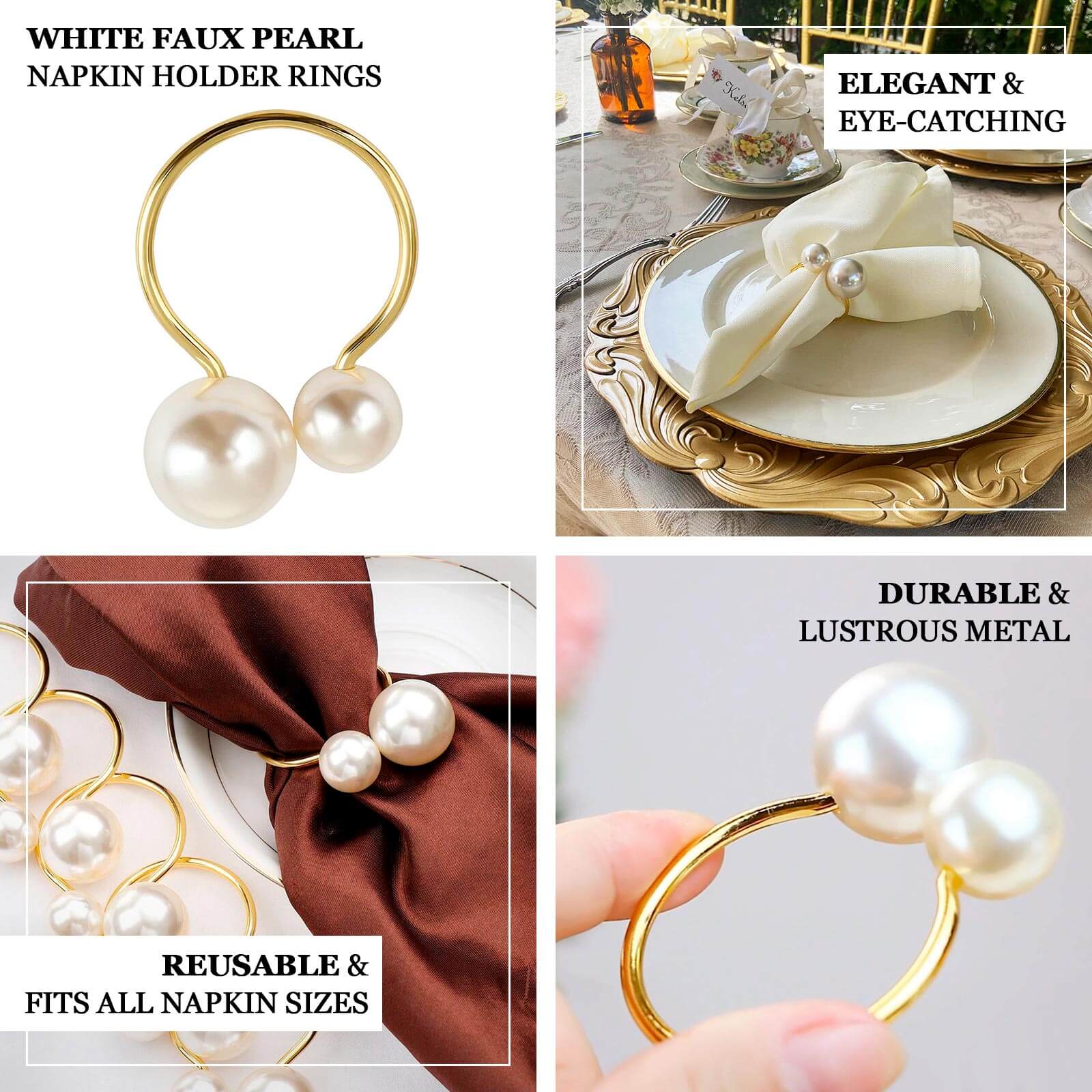 10 Pack Gold Pearl Metal Napkin Holders Dining Table Decor, Elegant Round Wedding Napkin Rings - 2.5" - Bell Racket Store