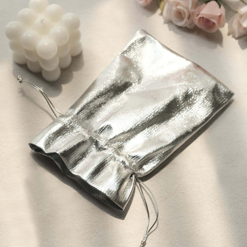 10 Pack Metallic Silver Lame Polyester 5"x7" Party Favor Gift Bags, Shiny Fabric Drawstring Candy Pouch - Bell Racket Store