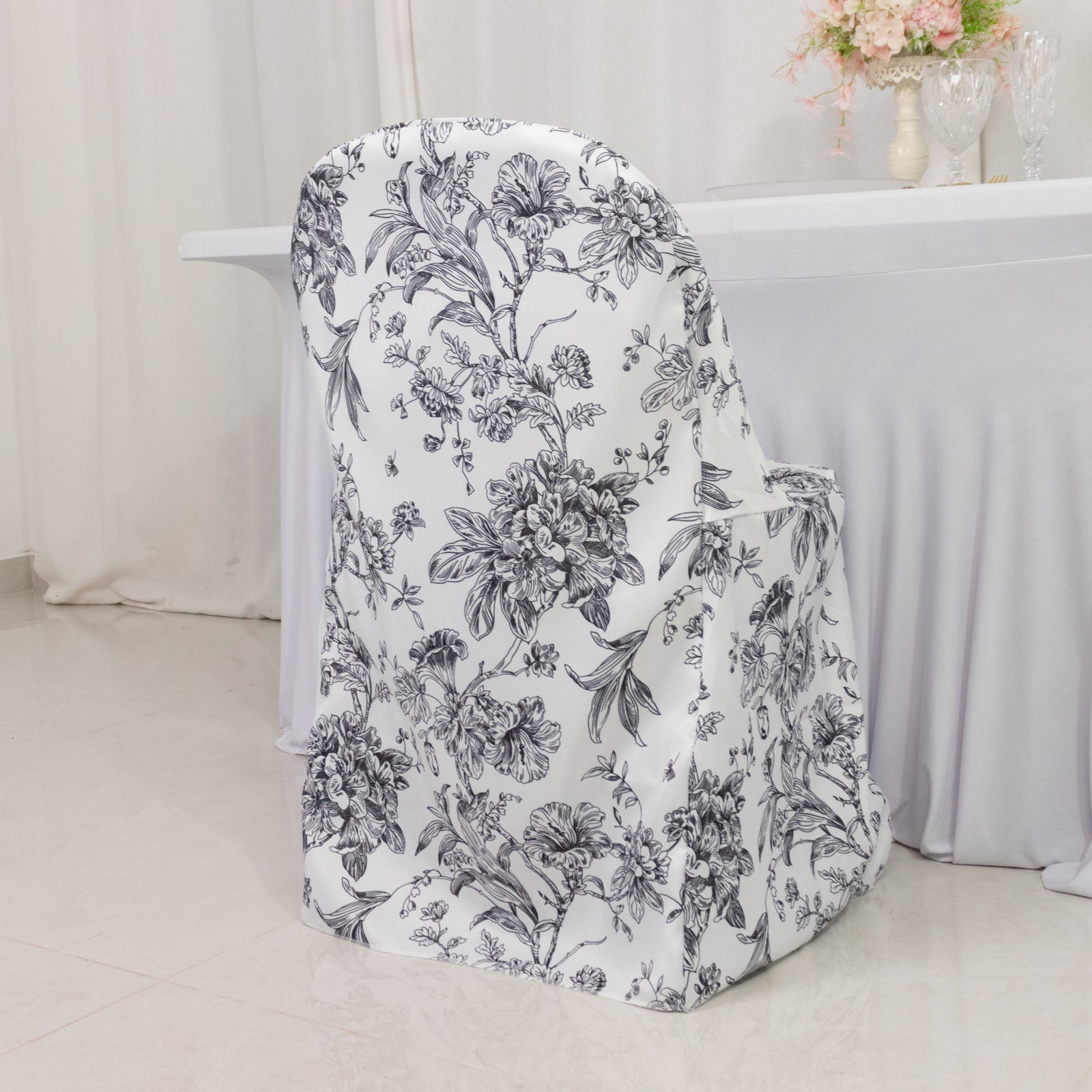 10 Pack Polyester Chair Covers for Folding Chairs â€“ White Black French Toile Pattern, Reusable Stain - Resistant Slip - On Slipcovers - Bell Racket Store