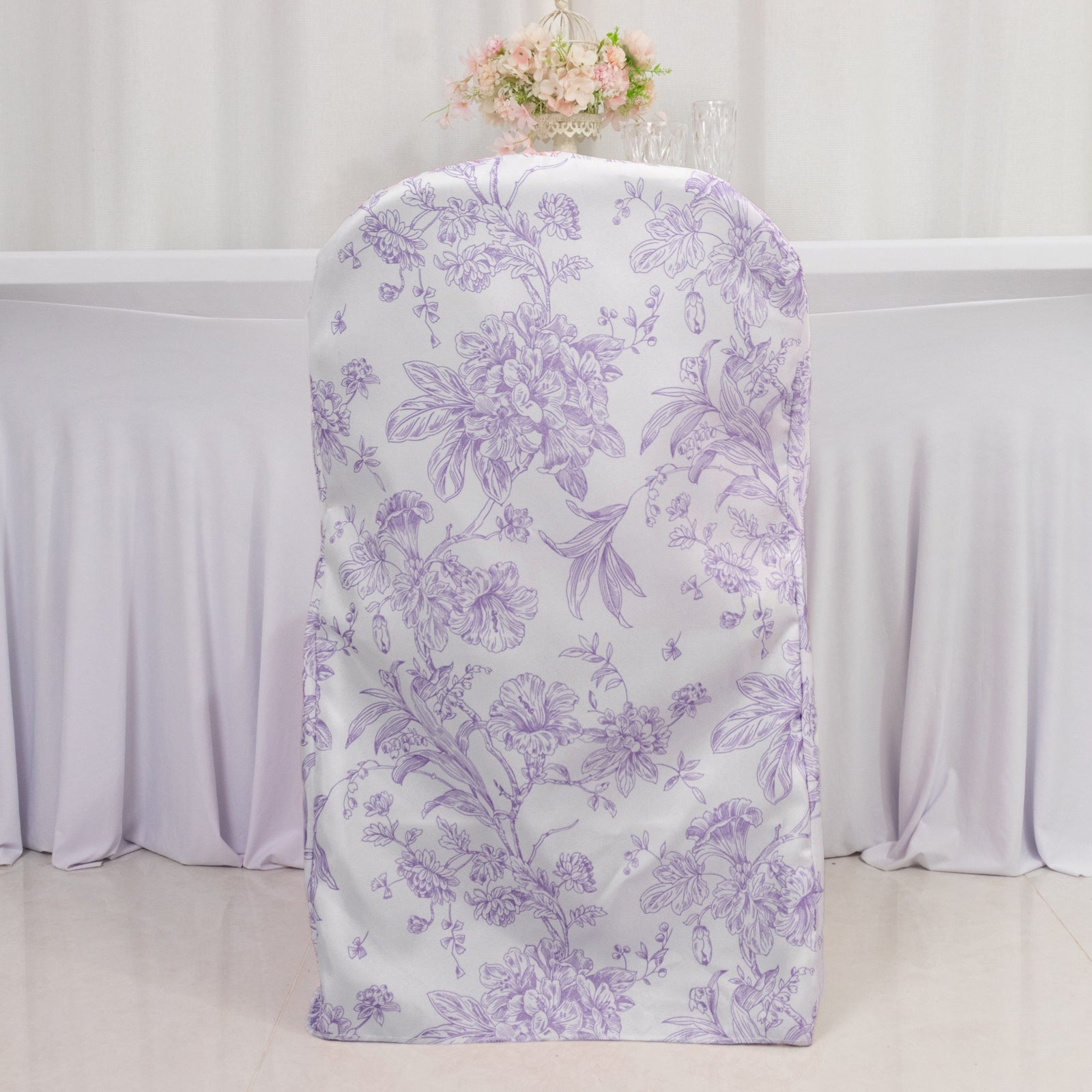 10 Pack Polyester Chair Covers for Folding Chairs â€“ White Lavender Lilac French Toile Pattern, Reusable Stain - Resistant Slip - On Slipcovers - Bell Racket Store