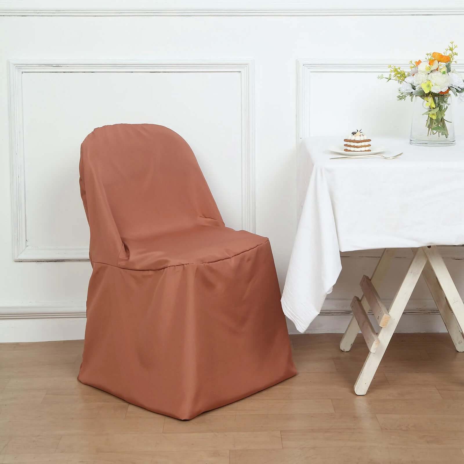 10 Pack Polyester Chair Covers for Folding Chairs Terracotta (Rust) - Wrinkle - Free Stain - Resistant Slip - On Slipcovers - Bell Racket Store