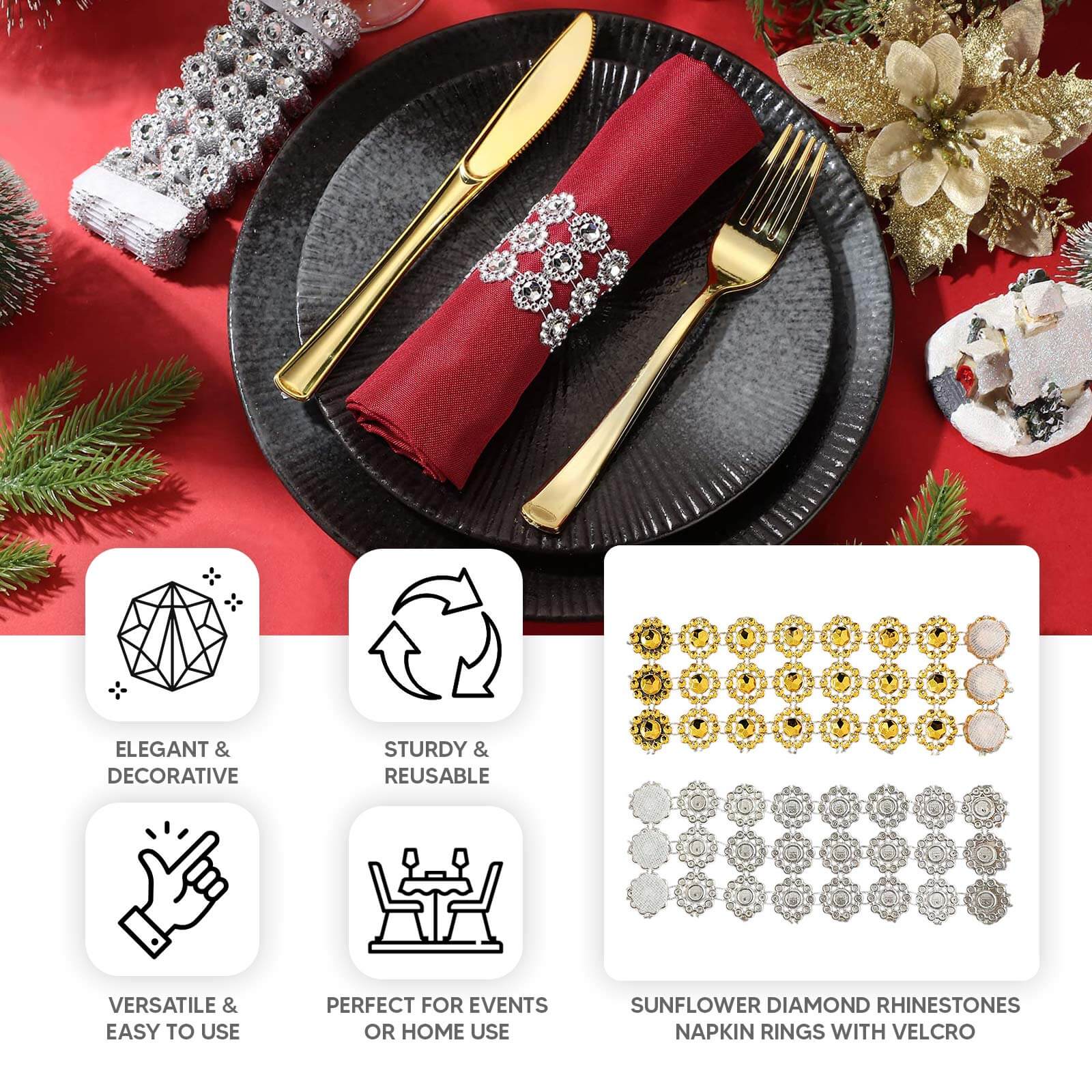 10 Pack Silver Sunflower Diamond Rhinestones Napkin Holders With Velcro, Elegant Wedding Napkin Rings - Bell Racket Store