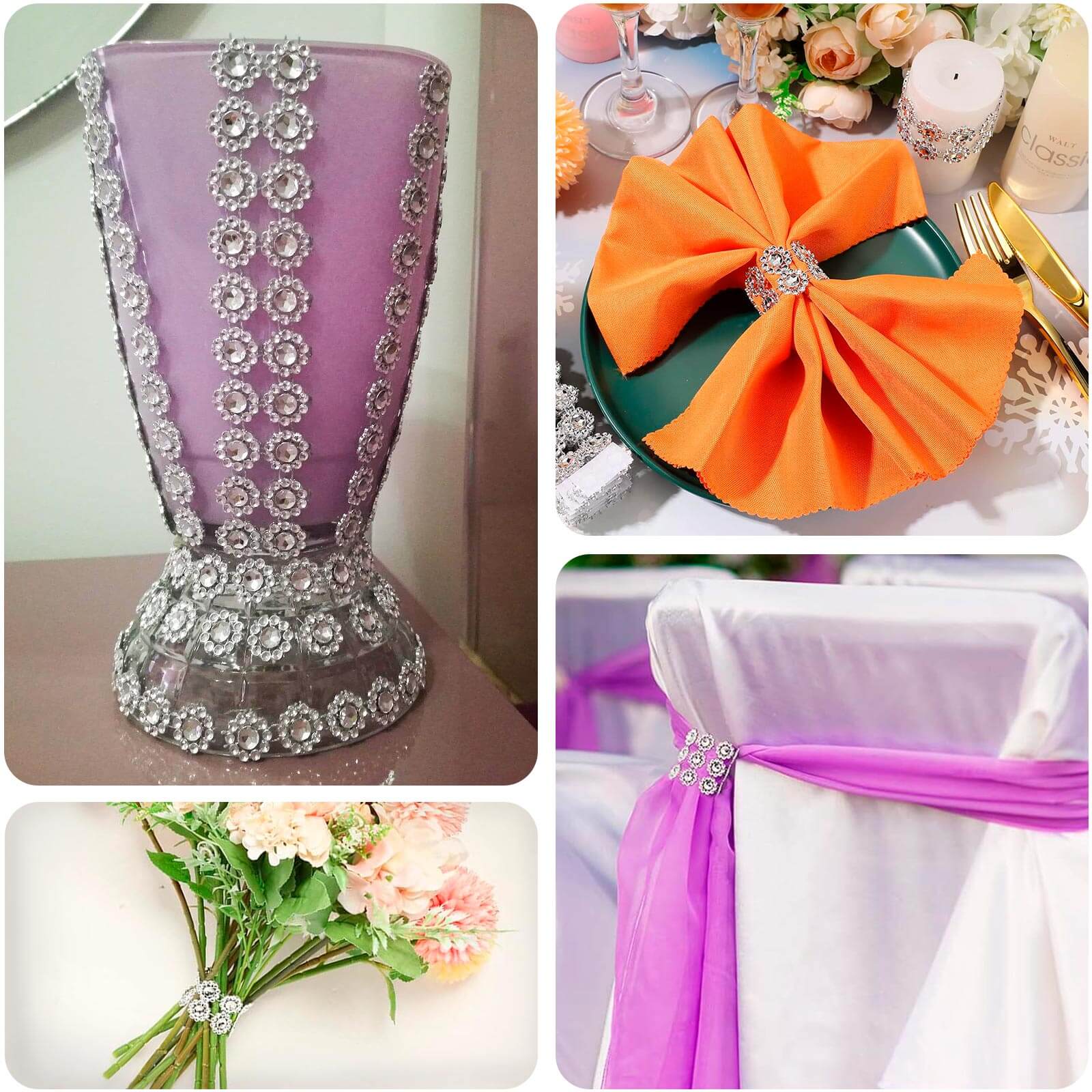 10 Pack Silver Sunflower Diamond Rhinestones Napkin Holders With Velcro, Elegant Wedding Napkin Rings - Bell Racket Store