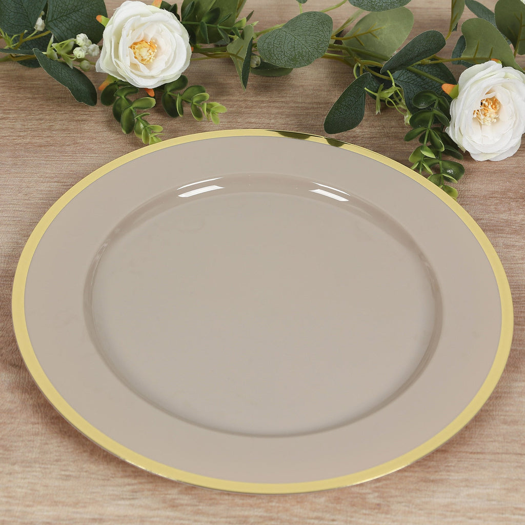10 Pack Taupe Economy Plastic Charger Plates With Gold Rim, 12" Round Dinner Chargers Event Tabletop Decor - Bell Racket Store