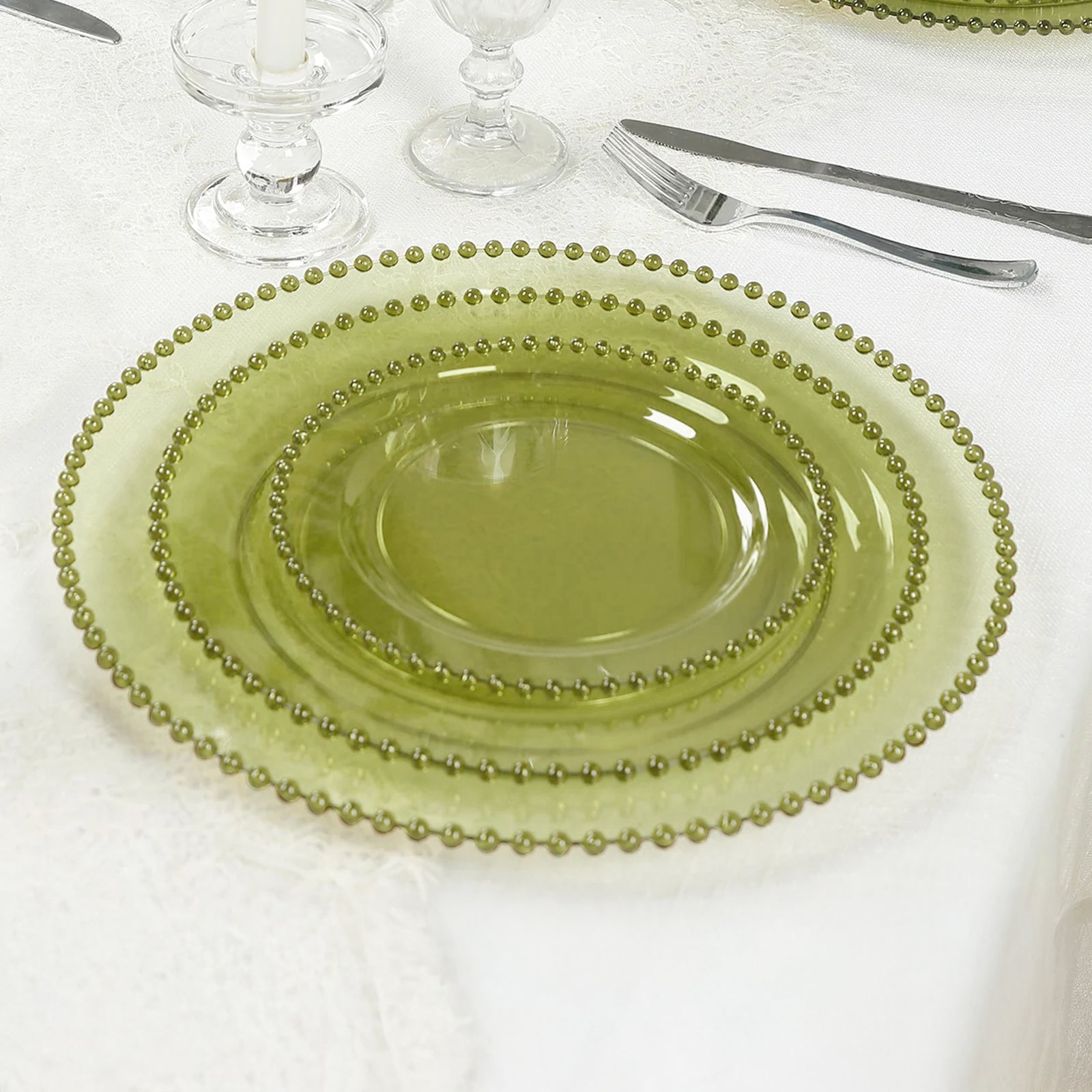 10 - Pack Transparent Dusty Sage Green Plastic Dessert Plates â€“ 8" Round with Beaded Rim, Disposable for Parties & Events - Bell Racket Store