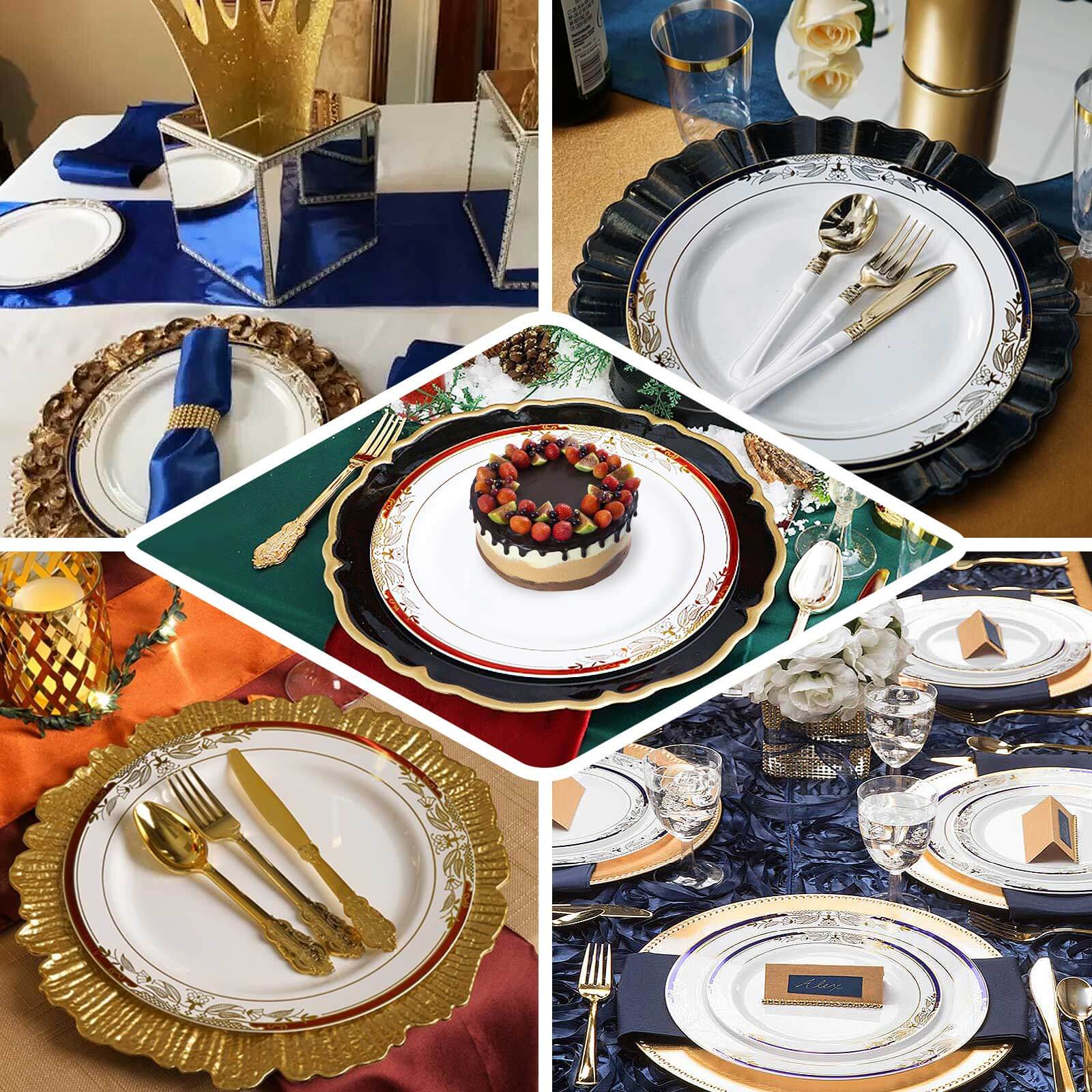 10 Pack White With Red Rim 10" Plastic Dinner Plates, Round With Gold Vine Design - Bell Racket Store