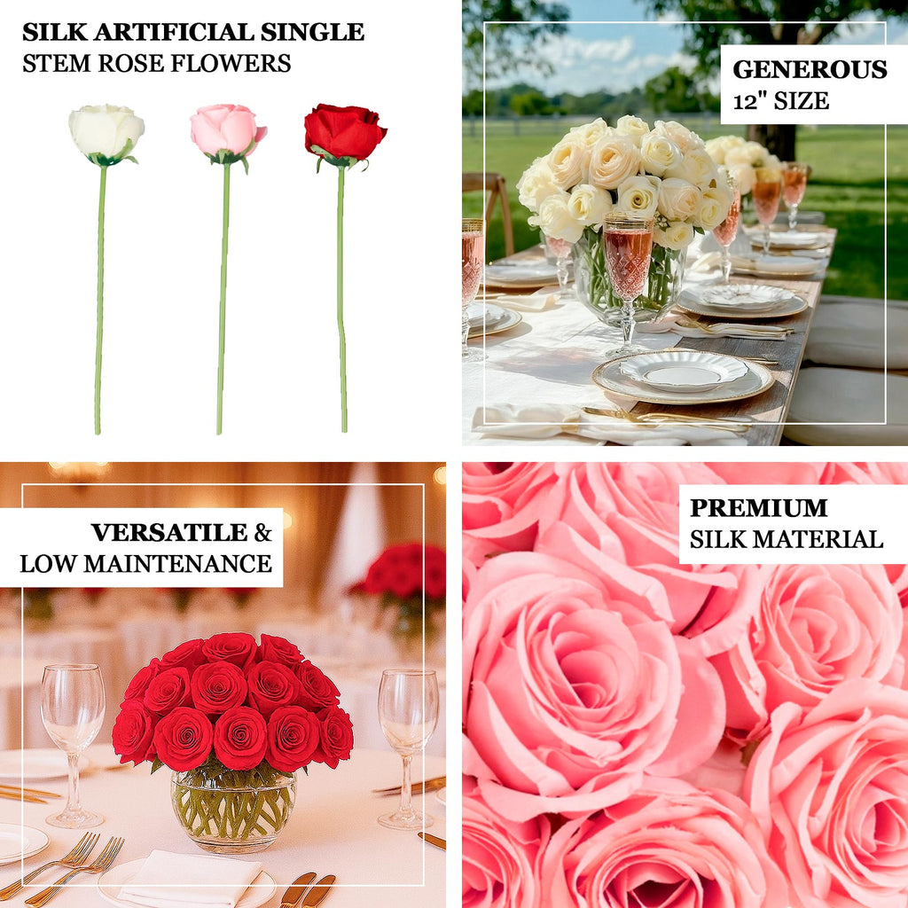 10 Pcs 12" Artificial Silk Roses - Ivory, Single Stem Rose for Flower Bouquet Arrangements - Bell Racket Store