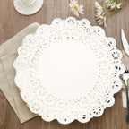 100 Pcs Paper 14" Round Placemats in White - Food Grade Lace Paper Doilies for Dessert Display & Table Decor