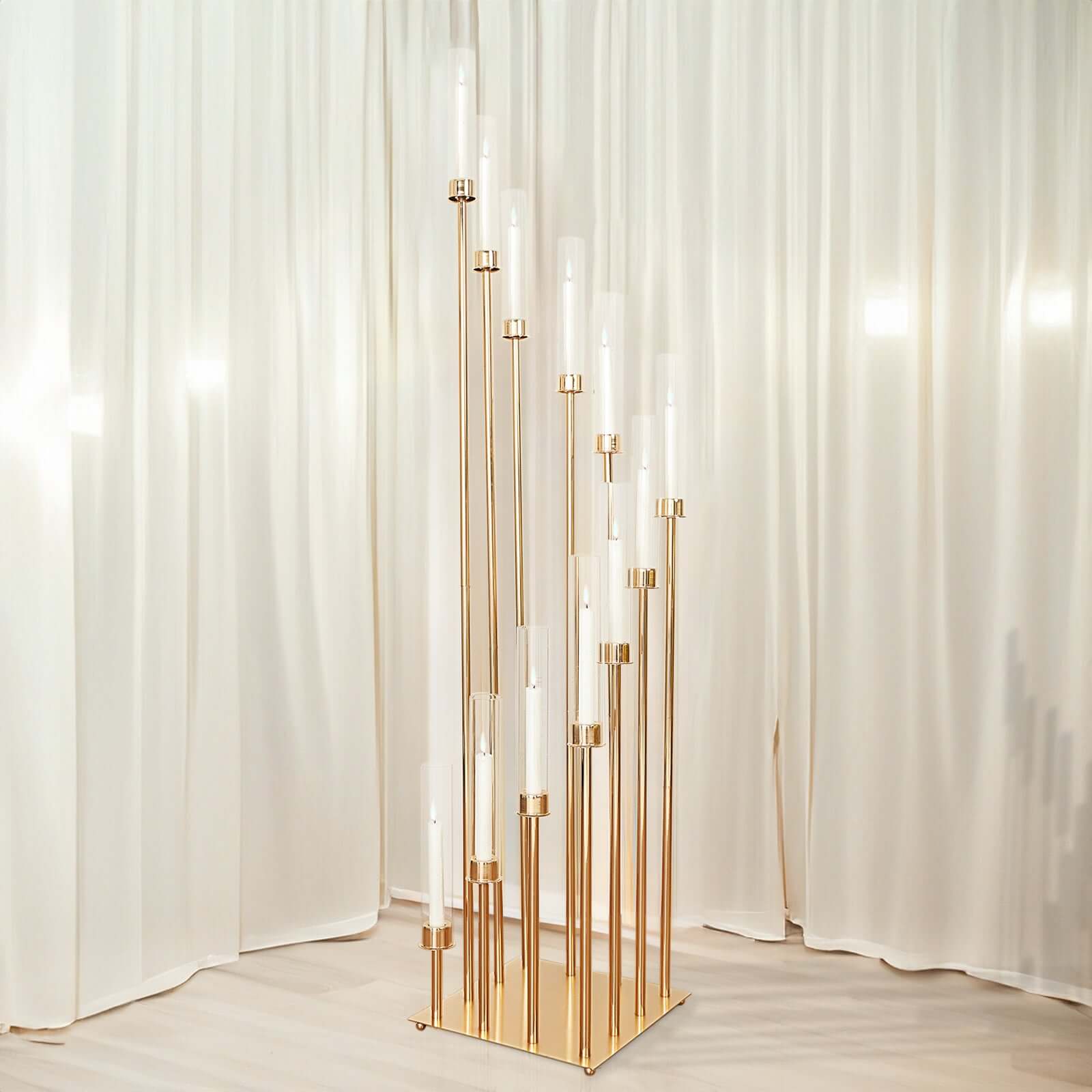 12-Arm Cluster Taper Candle Holder Gold with Clear Glass Shades - Grand Candle Arrangement for Events 57"