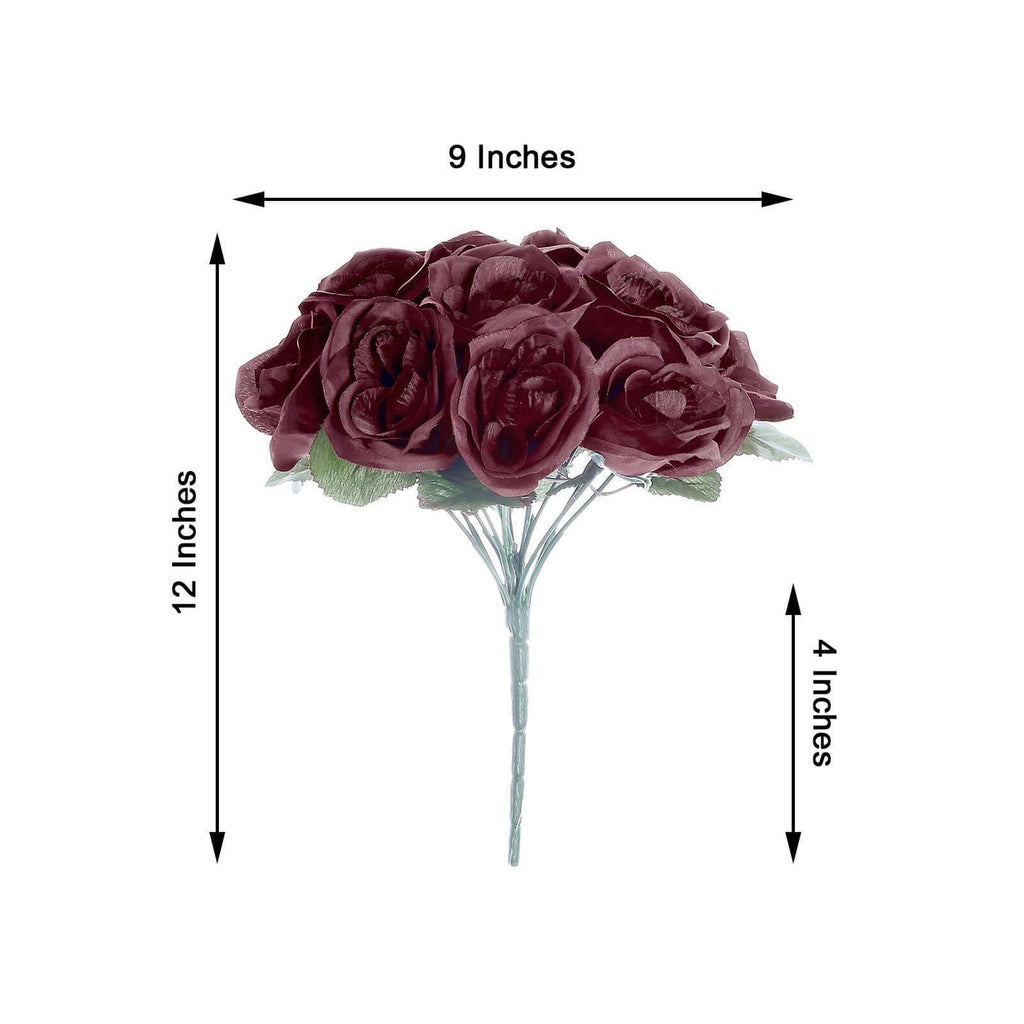 12" Burgundy Artificial Velvet-Like Fabric Rose Flower Bouquet Bush
