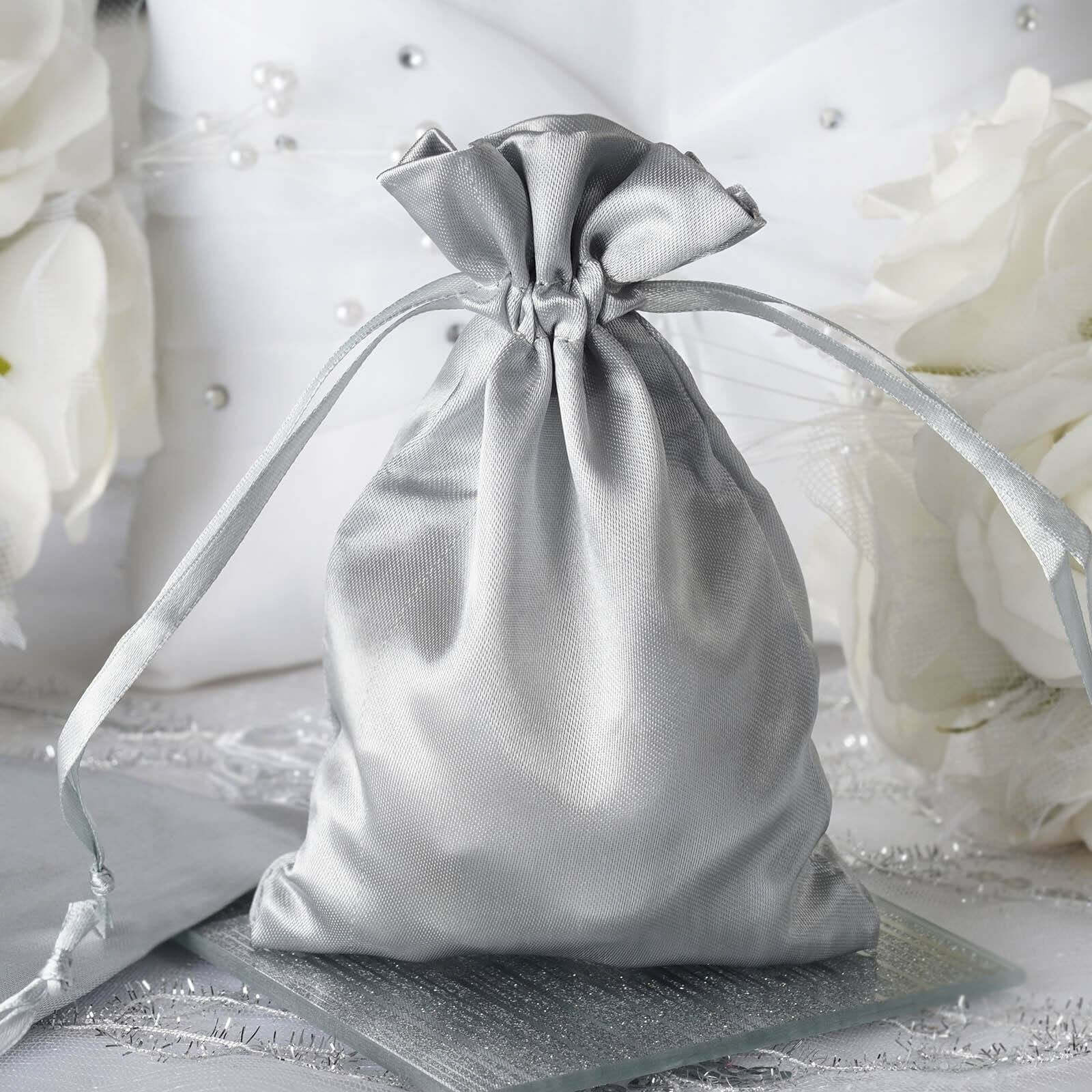 12 Pack 4"x6" Silver Satin Drawstring Wedding Party Favor Gift Bags