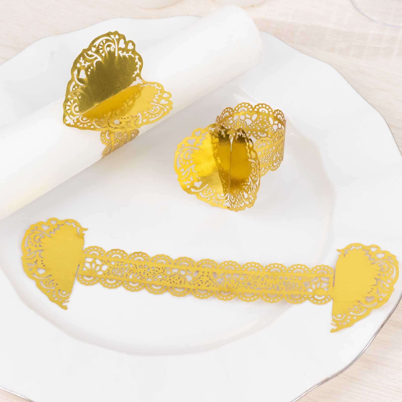 12 Pack Metallic Gold Foil Laser Cut Heart Paper Napkin Holders with Lace Pattern, Disposable Napkin Rings Bands - Bell Racket Store