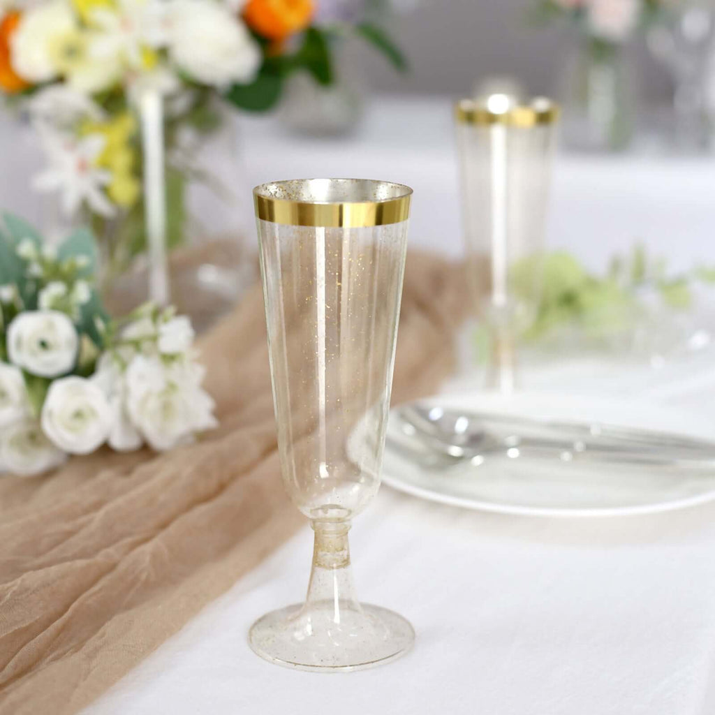 12 - Pack Plastic Champagne Flutes Clear Gold Glittered with Gold Rim - Stylish Disposable Cocktail Glasses for Parties 6oz 6" - Bell Racket Store