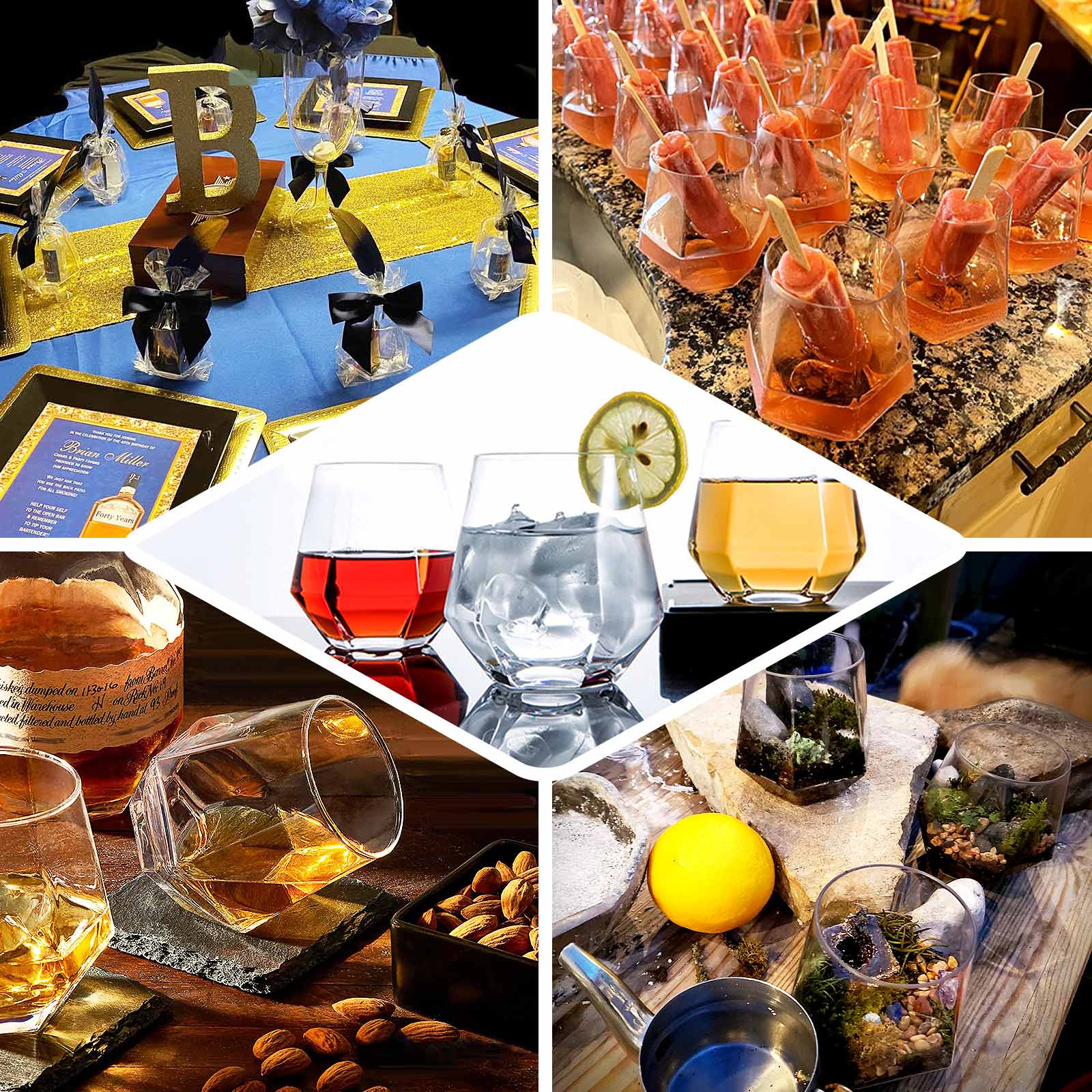 12 - Pack Plastic Stemless Wine Glasses Clear Diamond Shaped - Reusable Whiskey Cups 12oz - Bell Racket Store