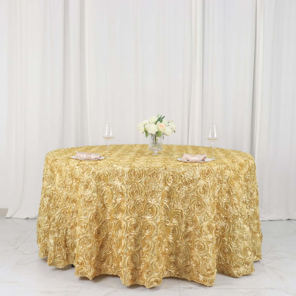 Satin 120" Round Tablecloth Champagne - Grandiose 3D Rosette with Seamless Finish Table Cover