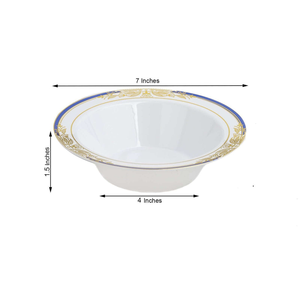 10-Pack Plastic Round Soup Bowl in White with Gold Vine & Royal Blue Rim - Sturdy Disposable Salad Dessert Bowls for Catering & Events 12oz