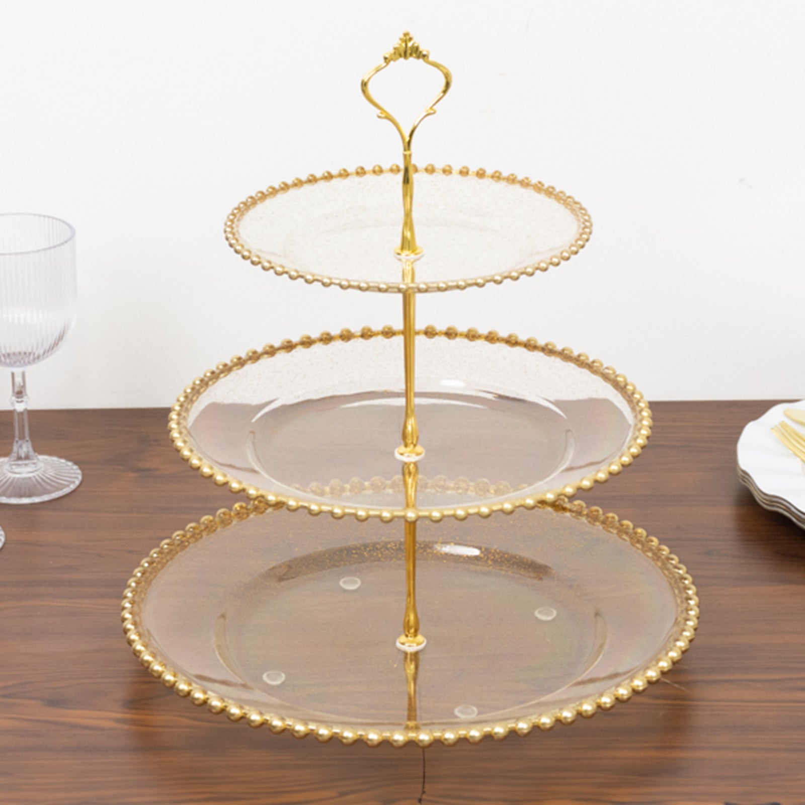 14" Clear Gold Glittered 3 - Tier Plastic Dessert Display Stand With Gold Beaded Rim, Round Cupcake Tower Tea Party Serving Platter With Top Handle - Bell Racket Store