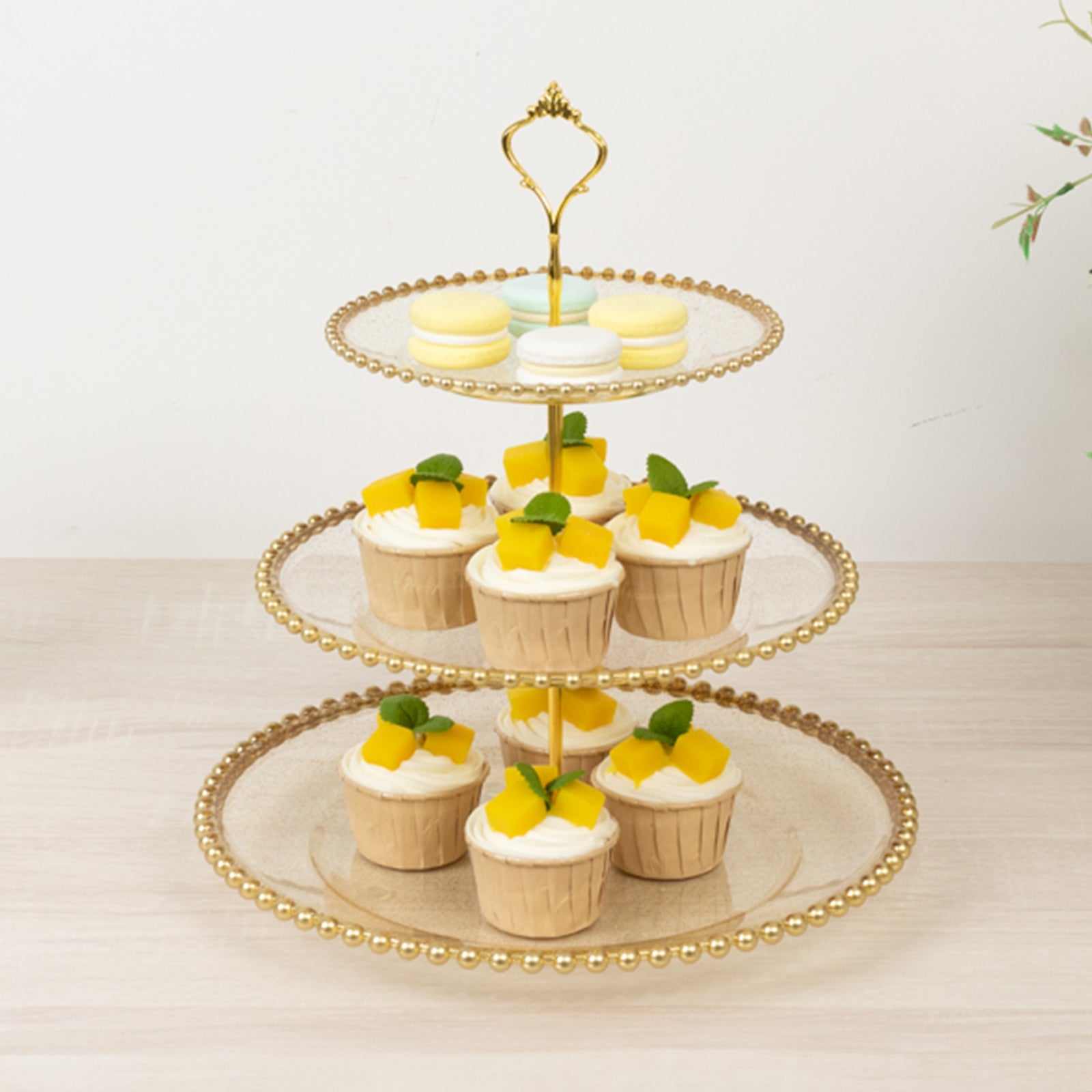 14" Clear Gold Glittered 3 - Tier Plastic Dessert Display Stand With Gold Beaded Rim, Round Cupcake Tower Tea Party Serving Platter With Top Handle - Bell Racket Store