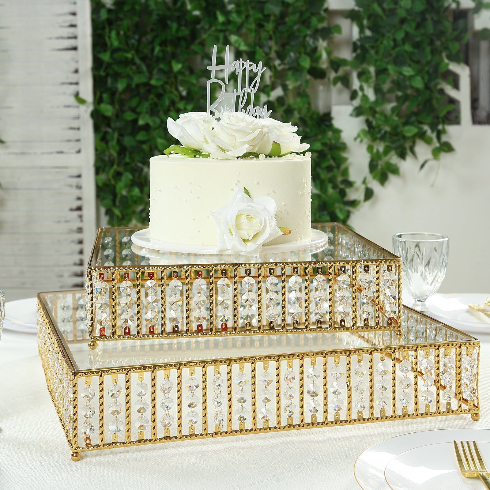 14" Square Gold Cake Stand with Hanging Crystal Beads and Glass Top â€“ Metal Dessert Display Tray - Bell Racket Store