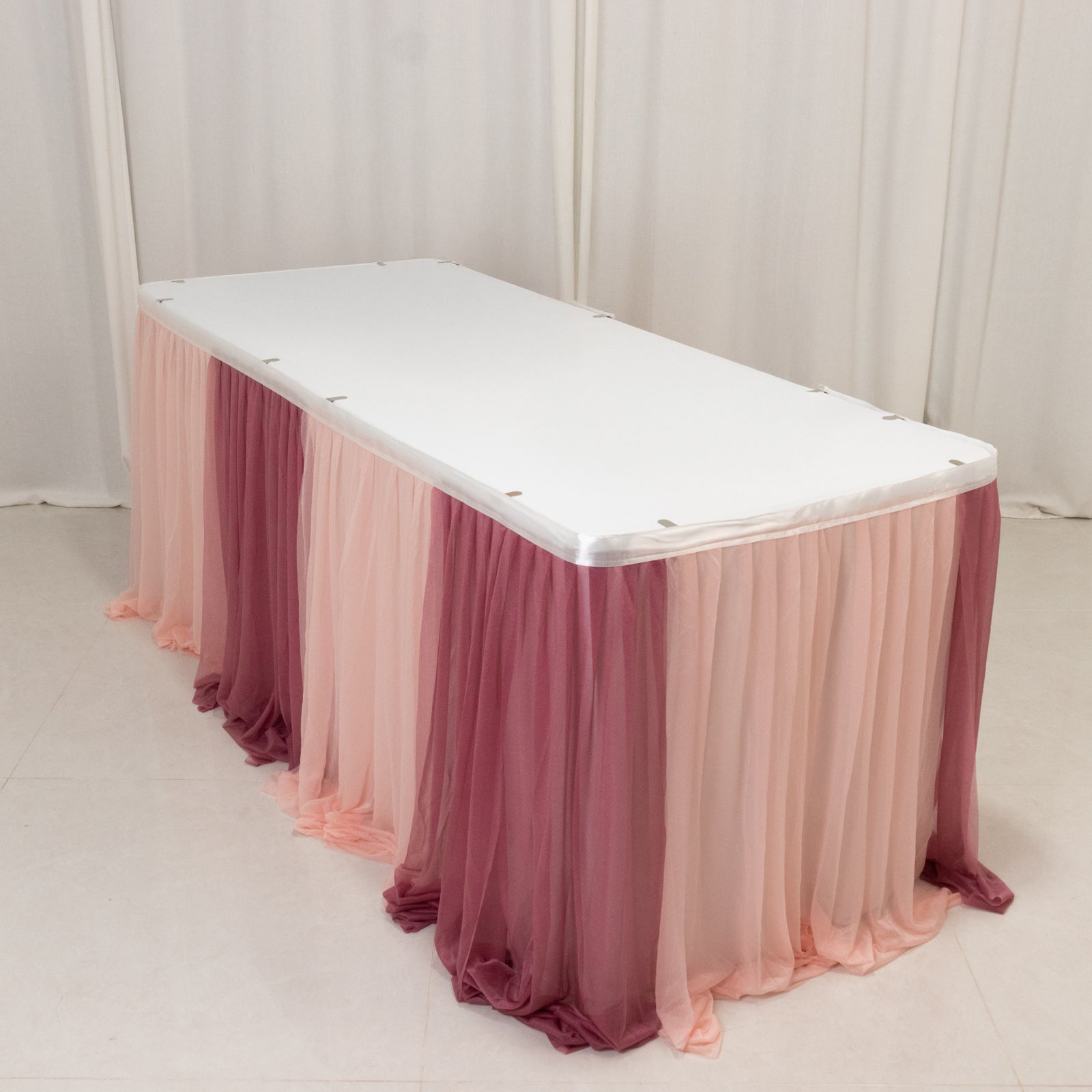 14ft Sheer Pleated Ruffle Skirting Chiffon Table Skirt - Mauve and Blush, Shimmer Sheer, Wrinkle - Free Fabric - Bell Racket Store