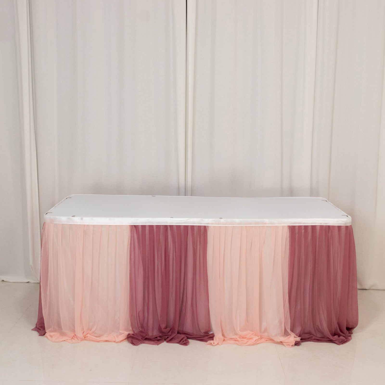 14ft Sheer Pleated Ruffle Skirting Chiffon Table Skirt - Mauve and Blush, Shimmer Sheer, Wrinkle - Free Fabric - Bell Racket Store