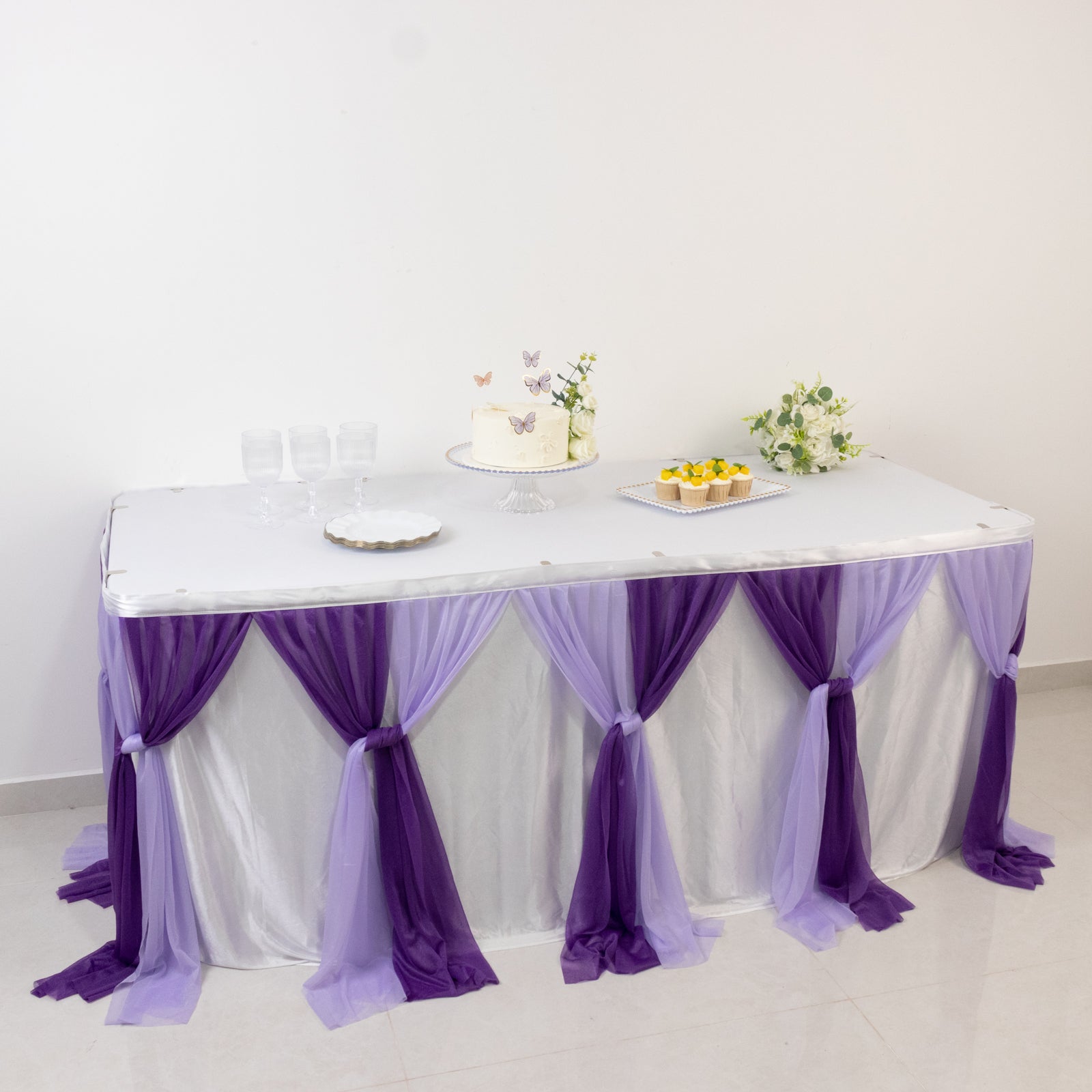 14ft Sheer Pleated Ruffle Skirting Chiffon Table Skirt - Purple and Lavender, Shimmer Sheer, Wrinkle - Free Fabric - Bell Racket Store