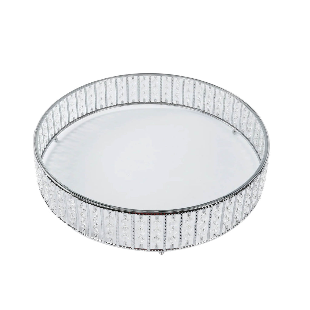 18" Round Silver Cake Stand with Hanging Crystal Beads and Glass Top â€“ Metal Dessert Display Tray - Bell Racket Store