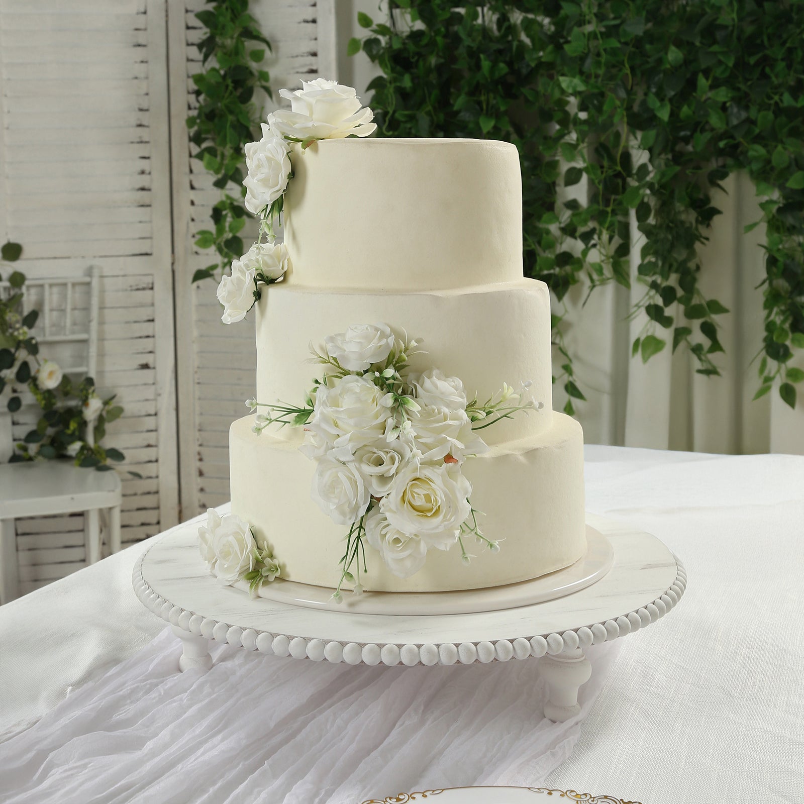 18" Rustic Wooden Cake Stand â€“ Antique White Pedestal with Beaded Edge, Cupcake Display or Wood Slice Tray - Bell Racket Store