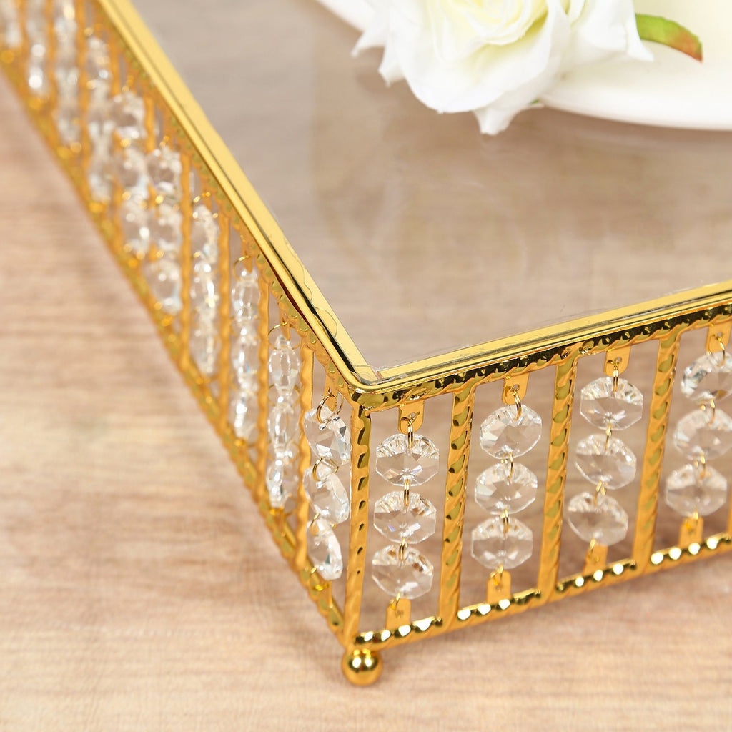 18" Square Gold Cake Stand with Hanging Crystal Beads and Glass Top â€“ Metal Dessert Display Tray - Bell Racket Store