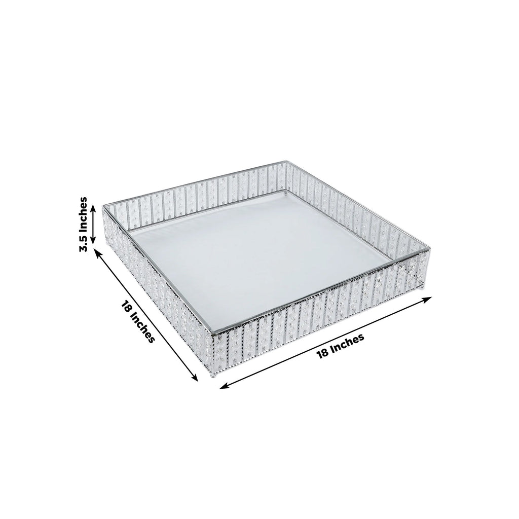 18" Square Silver Cake Stand with Hanging Crystal Beads and Glass Top â€“ Metal Dessert Display Tray - Bell Racket Store