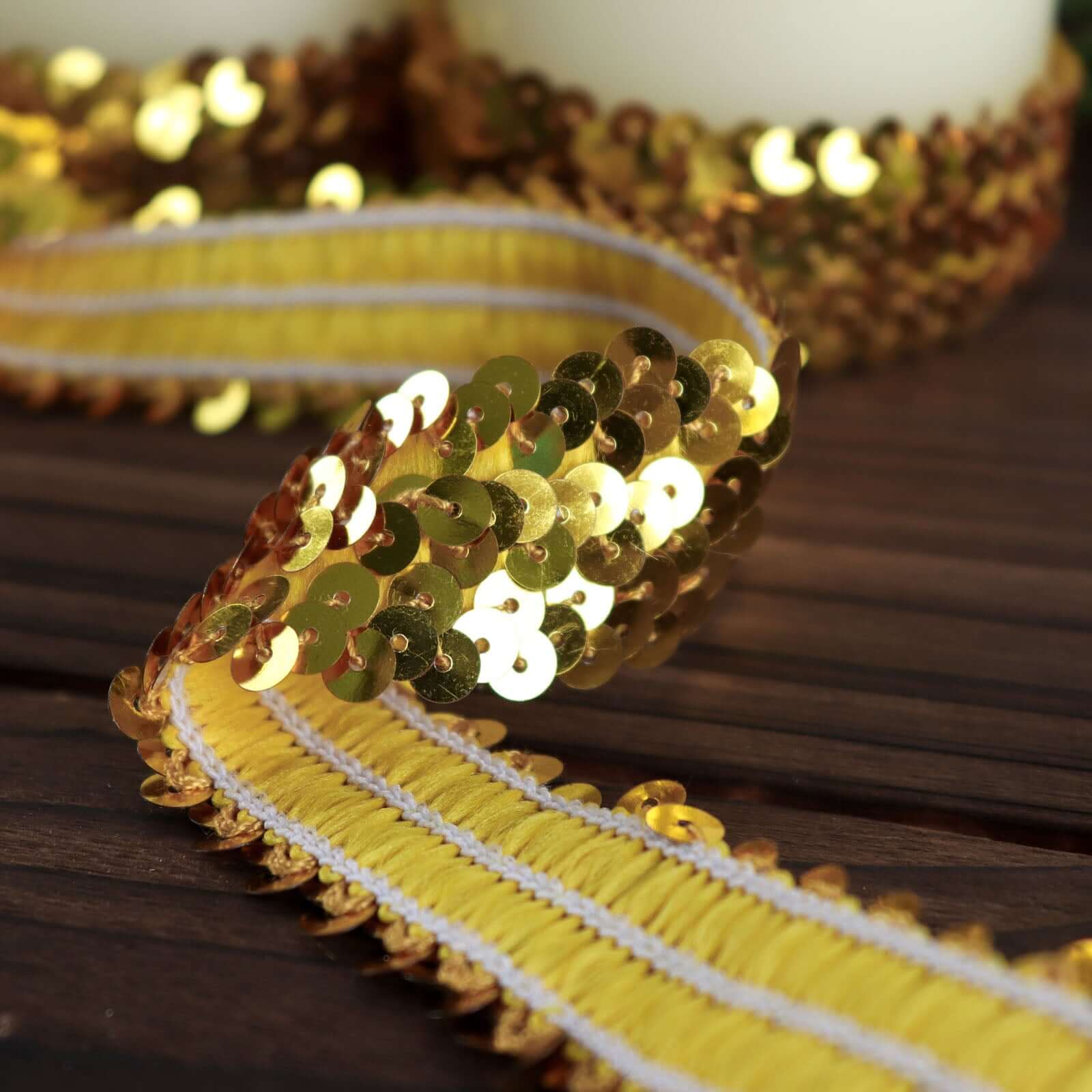 1"x10 Yards Metallic Gold Sequin Stretch Fabric Ribbon, Elastic Lace Trim, Shiny Glitter Craft Fabric - Bell Racket Store