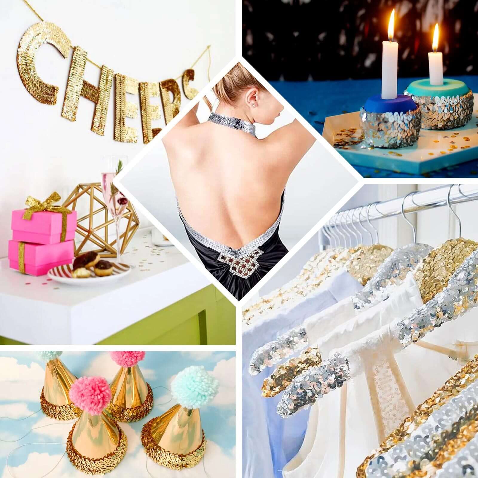 1"x10 Yards Metallic Gold Sequin Stretch Fabric Ribbon, Elastic Lace Trim, Shiny Glitter Craft Fabric - Bell Racket Store