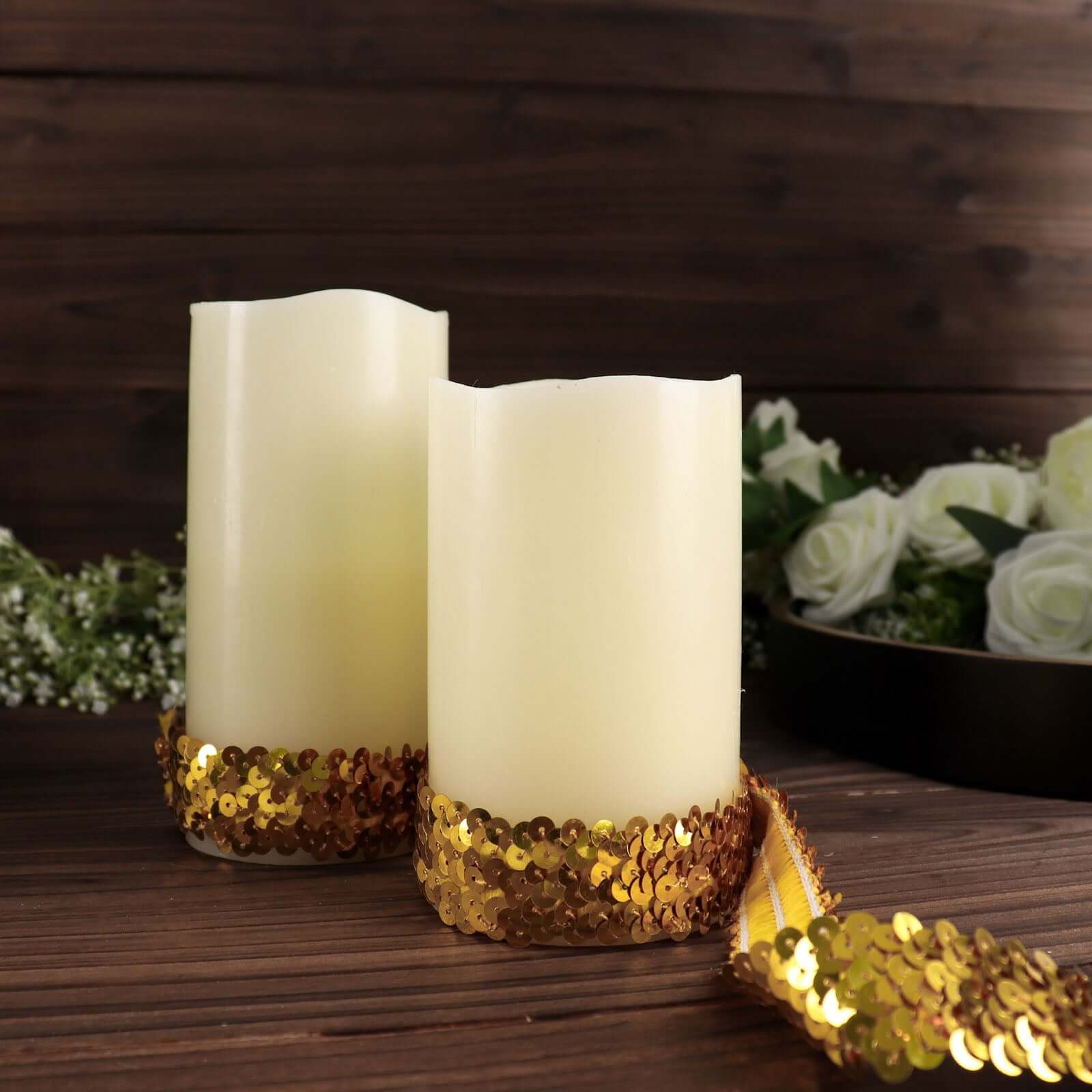 1"x10 Yards Metallic Gold Sequin Stretch Fabric Ribbon, Elastic Lace Trim, Shiny Glitter Craft Fabric - Bell Racket Store