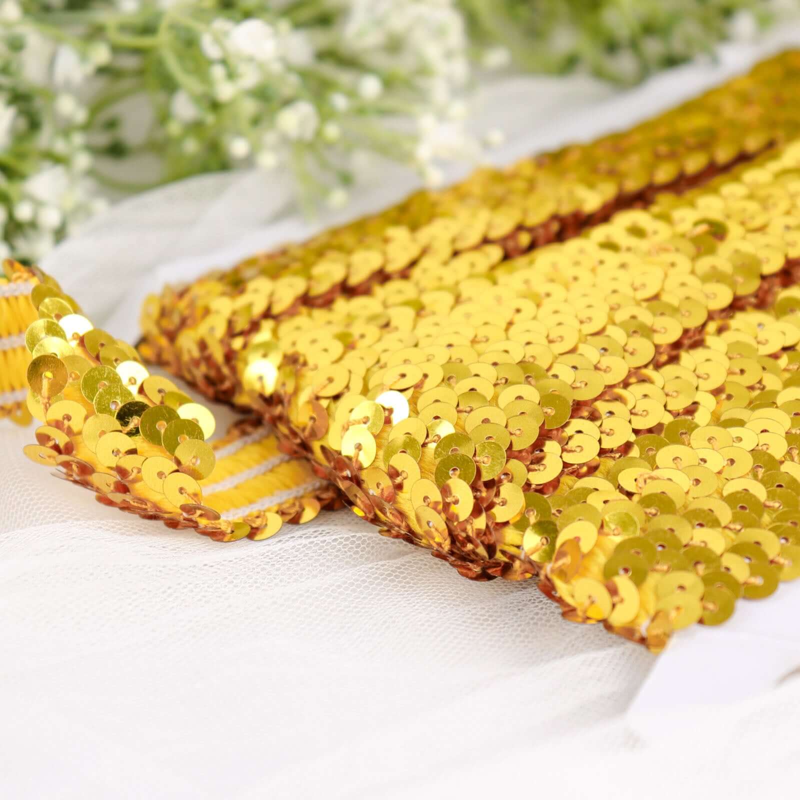 1"x10 Yards Metallic Gold Sequin Stretch Fabric Ribbon, Elastic Lace Trim, Shiny Glitter Craft Fabric - Bell Racket Store