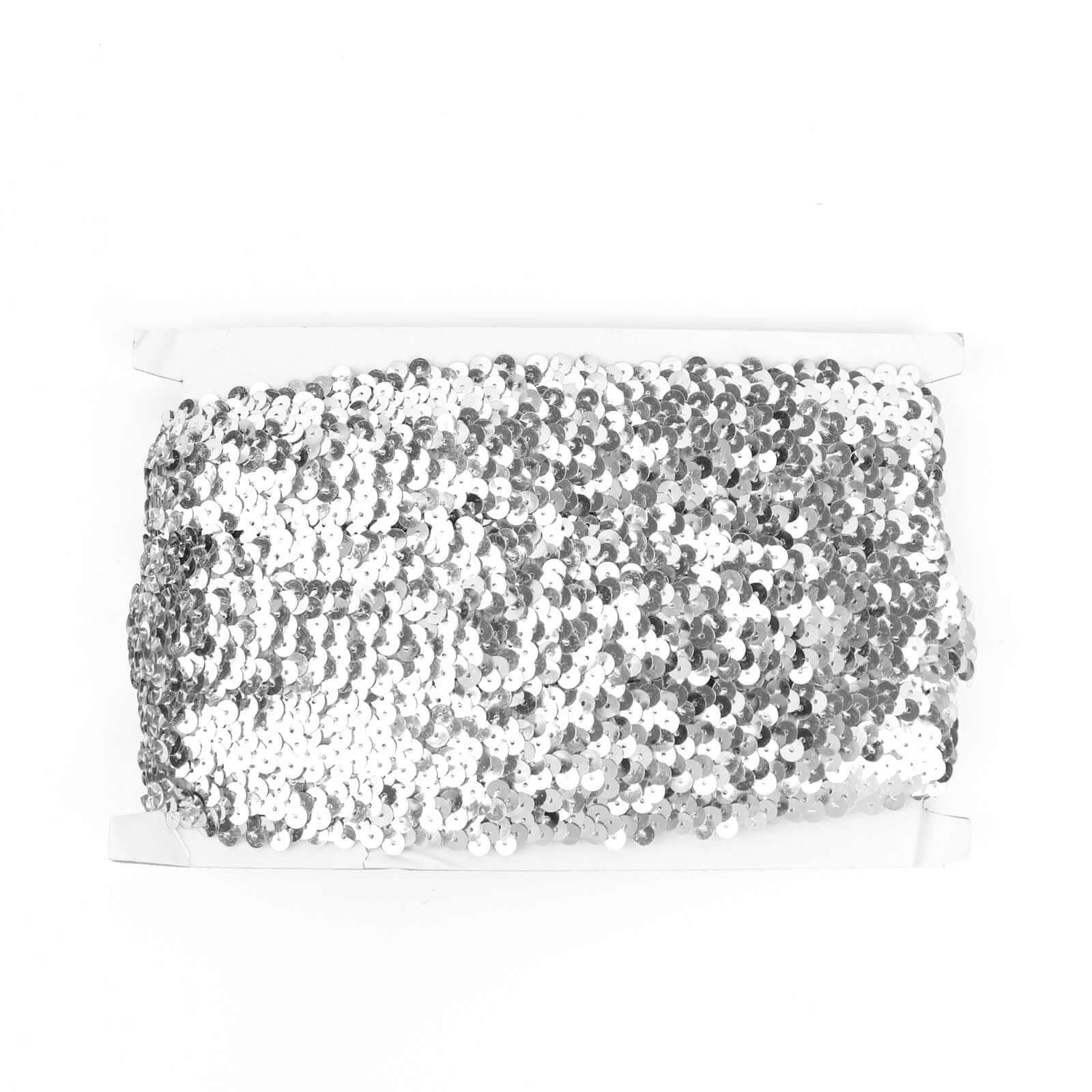 1"x10 Yards Metallic Silver Sequin Stretch Fabric Ribbon, Elastic Lace Trim, Shiny Glitter Craft Fabric - Bell Racket Store