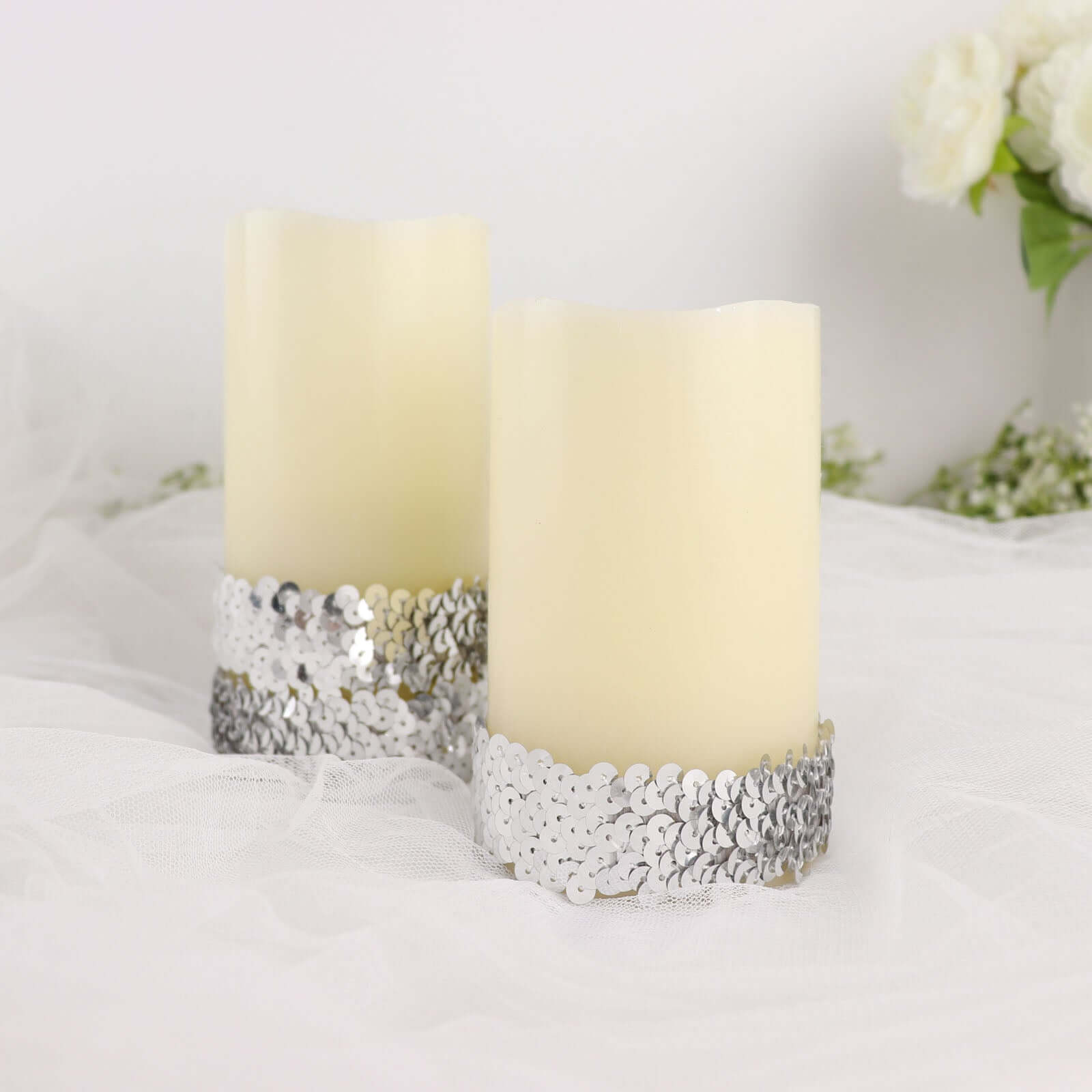 1"x10 Yards Metallic Silver Sequin Stretch Fabric Ribbon, Elastic Lace Trim, Shiny Glitter Craft Fabric - Bell Racket Store