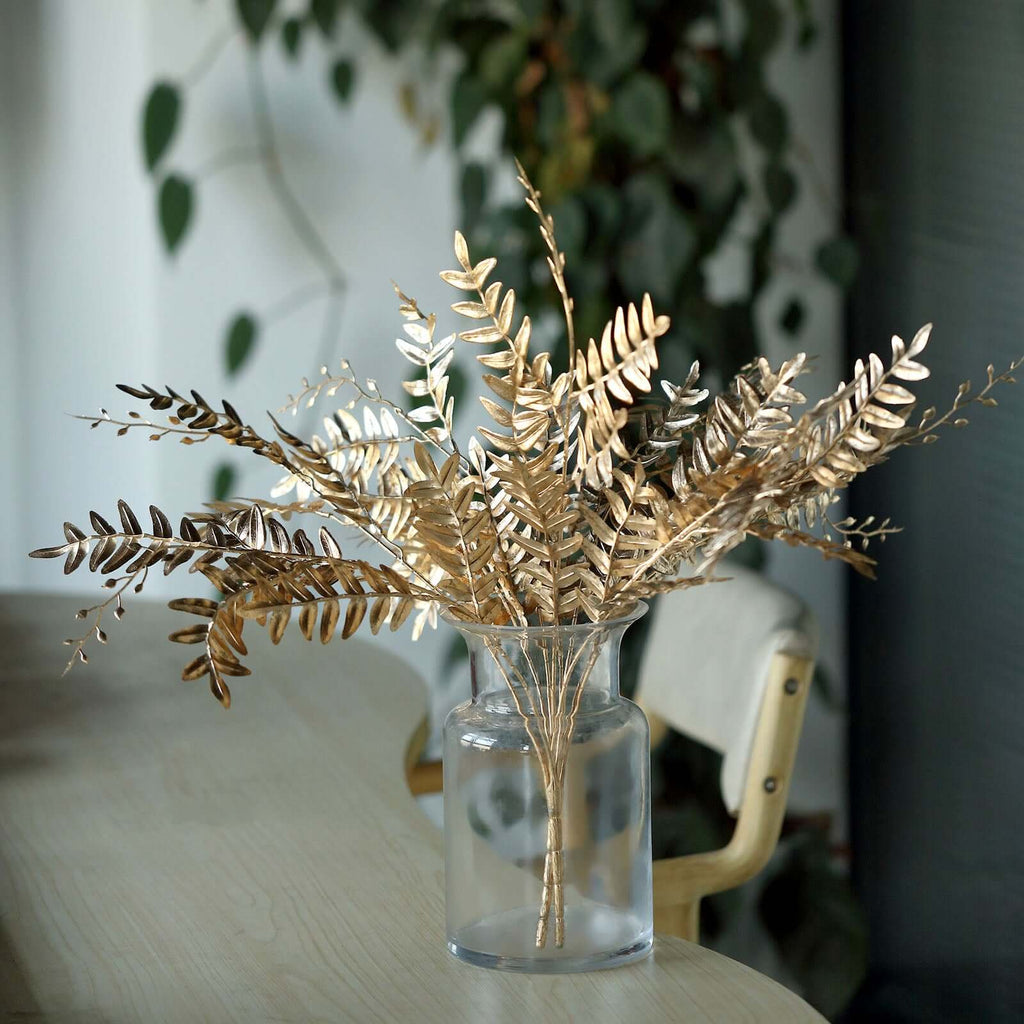 2 - Pack Artificial Fern Leaf Branches Metallic Gold - Faux Decorative Bouquets for Glamorous Centerpiece Backdrop & Floral Decor 21" - Bell Racket Store