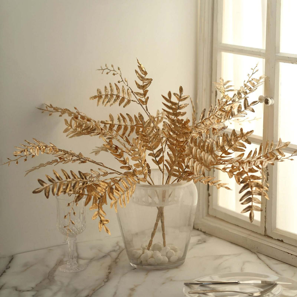 2 - Pack Artificial Fern Leaf Branches Metallic Gold - Faux Decorative Bouquets for Glamorous Centerpiece Backdrop & Floral Decor 21" - Bell Racket Store