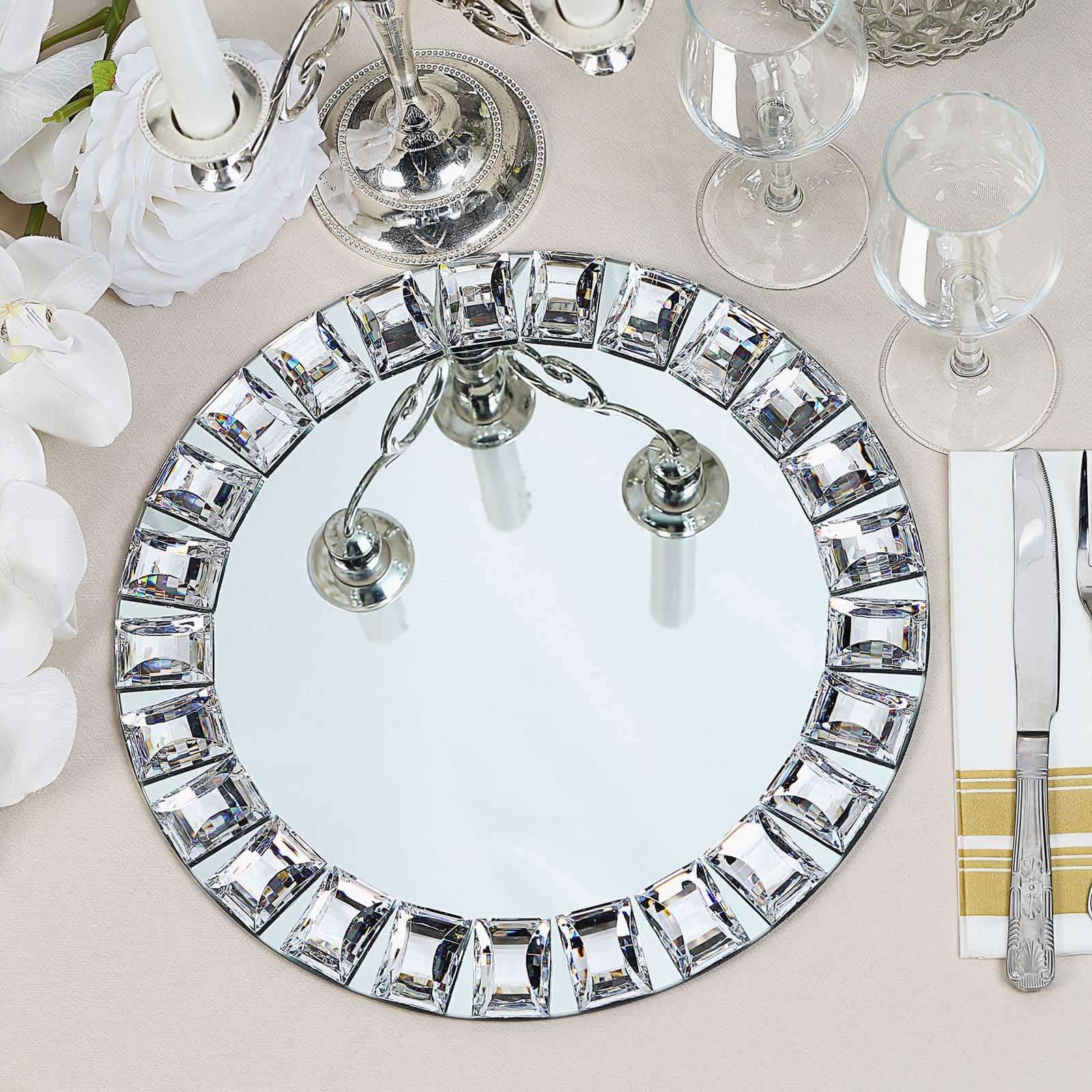 2-Pack Glass Mirror Round Charger Plates 13" in Silver with Jeweled Rim - Premium Decorative Dinner Party Charger Tableware