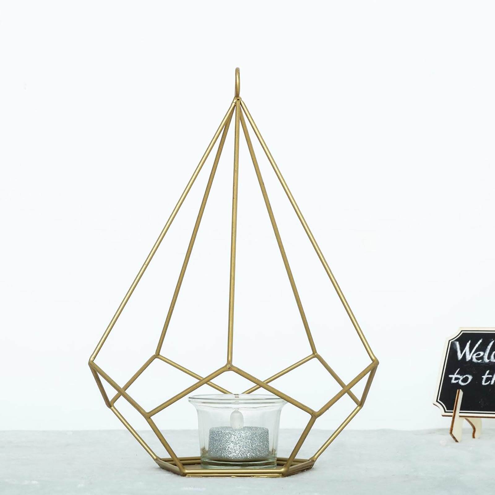 2-Pack Tealight Candle Holders Gold Metal Pentagon Geometric Open Frame - Flower Stand 9"