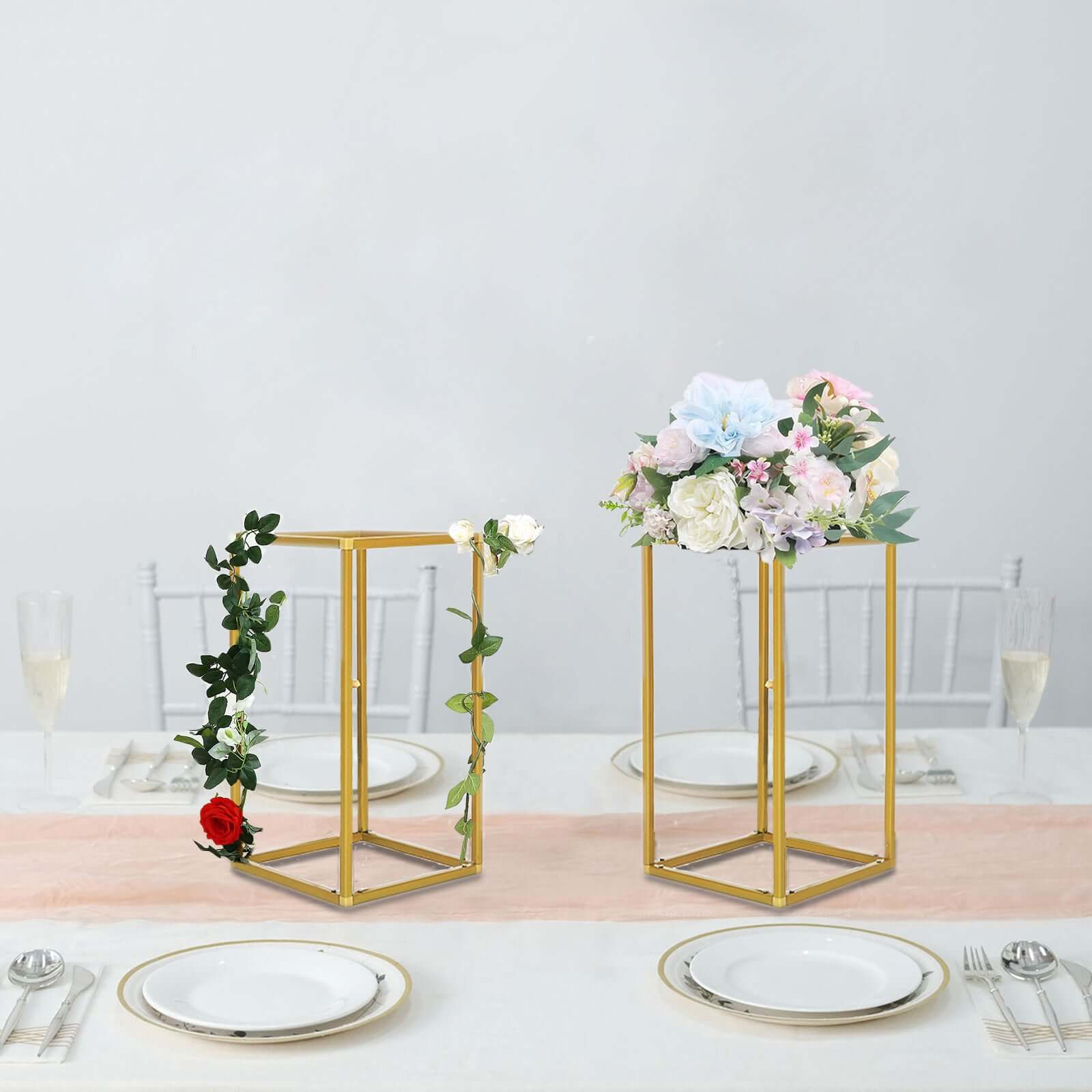 2-Pack Wedding Flower Stand Gold Metal Geometric Column Frame Rectangular - Versatile Floral Pedestal for Sophisticated Arrangements 12"