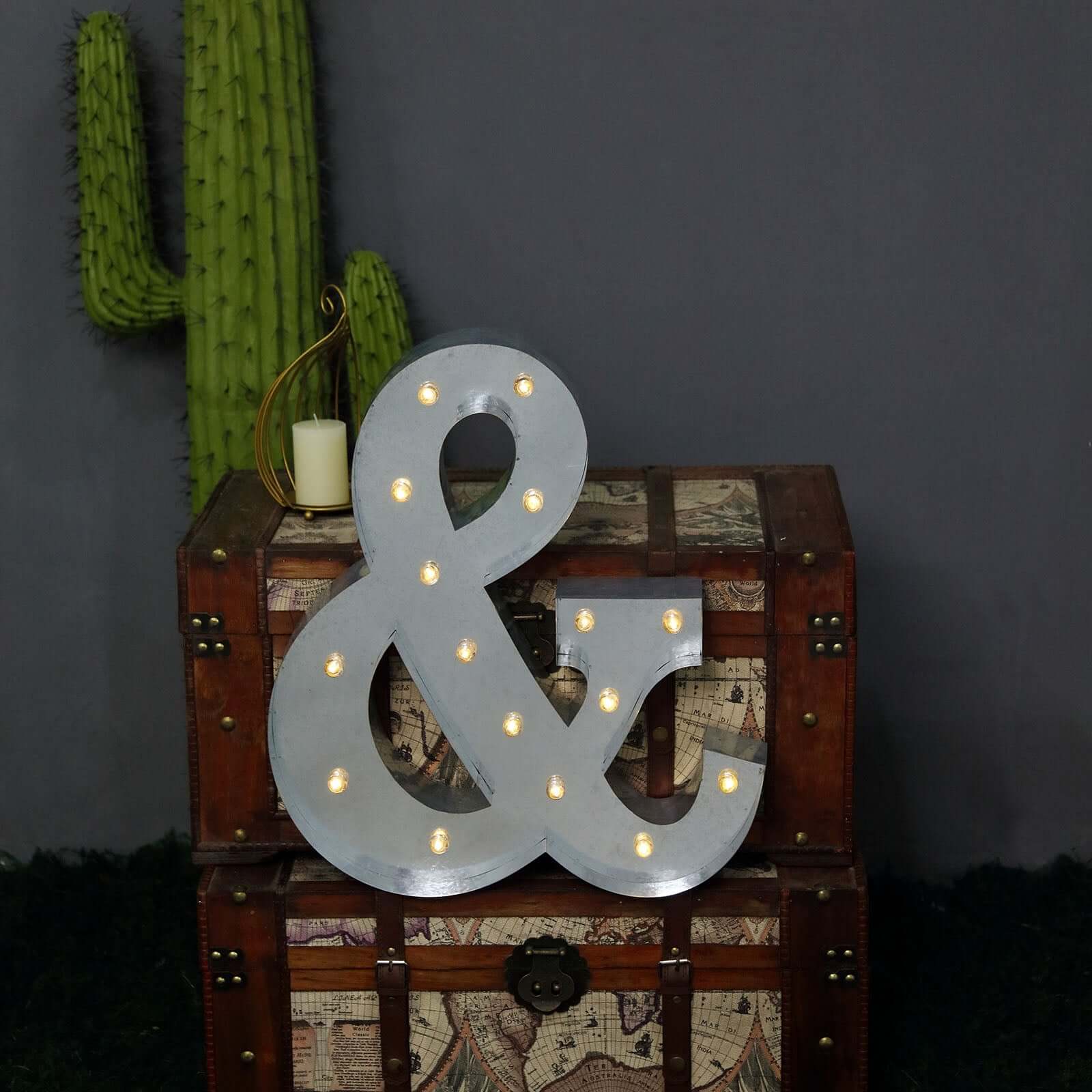20" Vintage Galvanized Metal Marquee Symbol Light Cordless With 16 Warm White LED - &