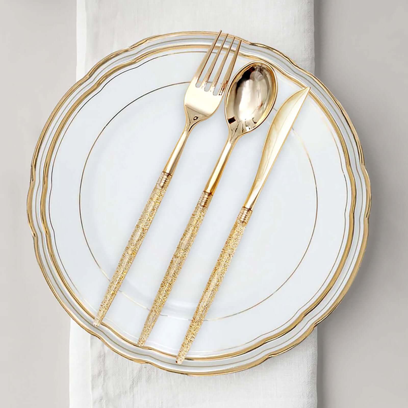 24-Pack Plastic Cutlery Set Metallic Gold with Gold Glitter - Stylish Disposable Silverware Pack 8"